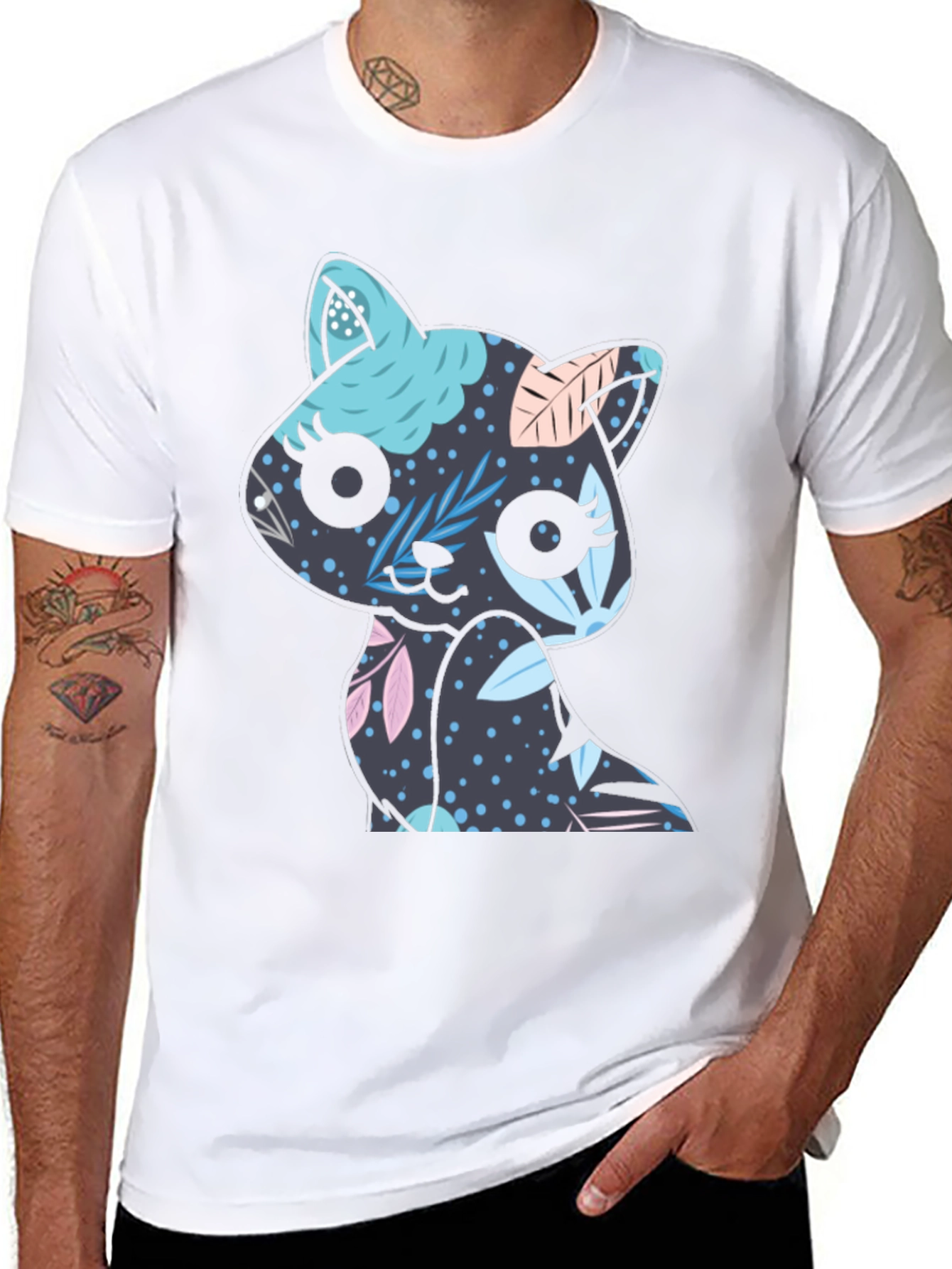 Floral Cat T-Shirt - Black Cute Kitty Tee