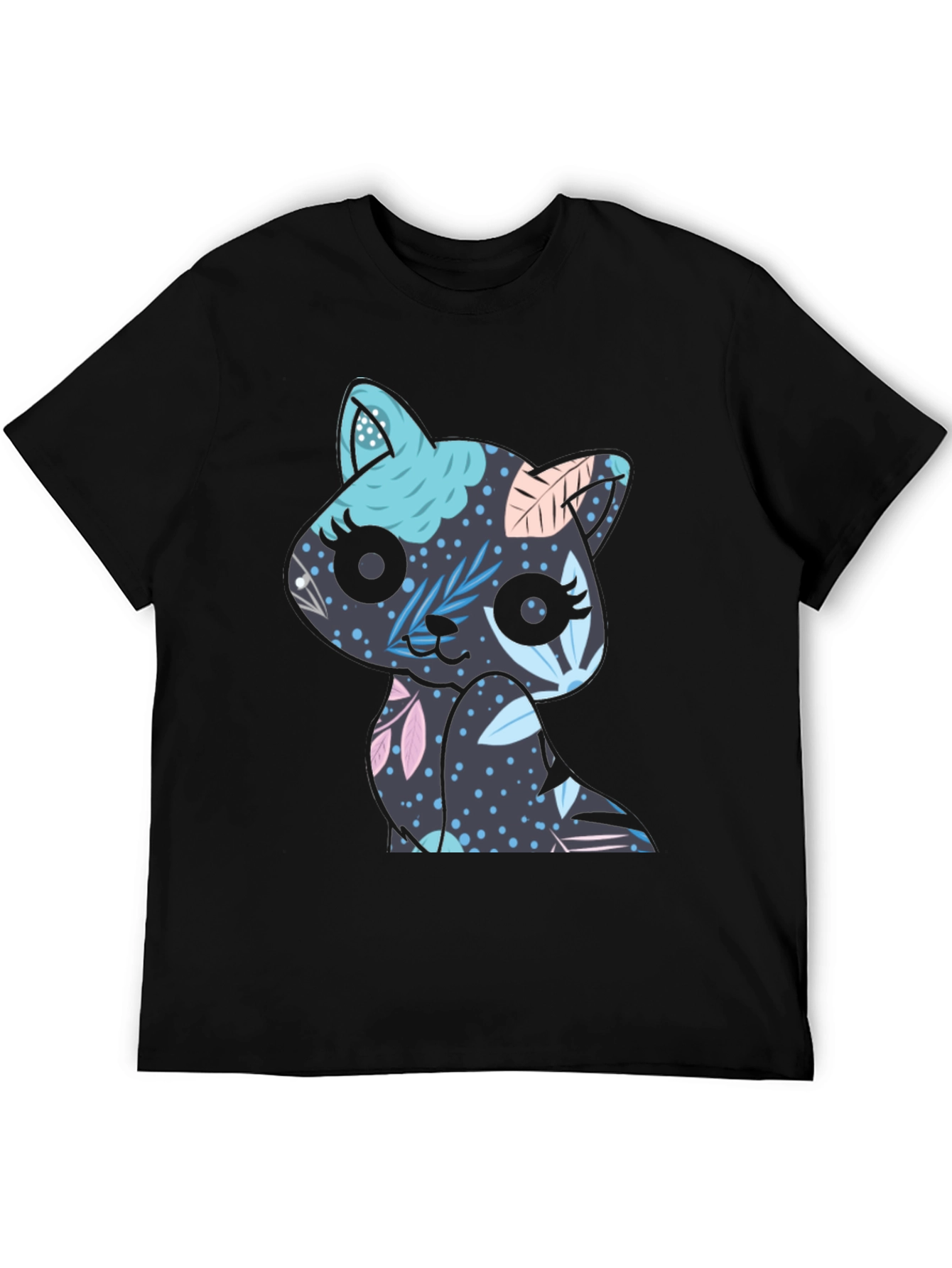 Floral Cat T-Shirt - Black Cute Kitty Tee