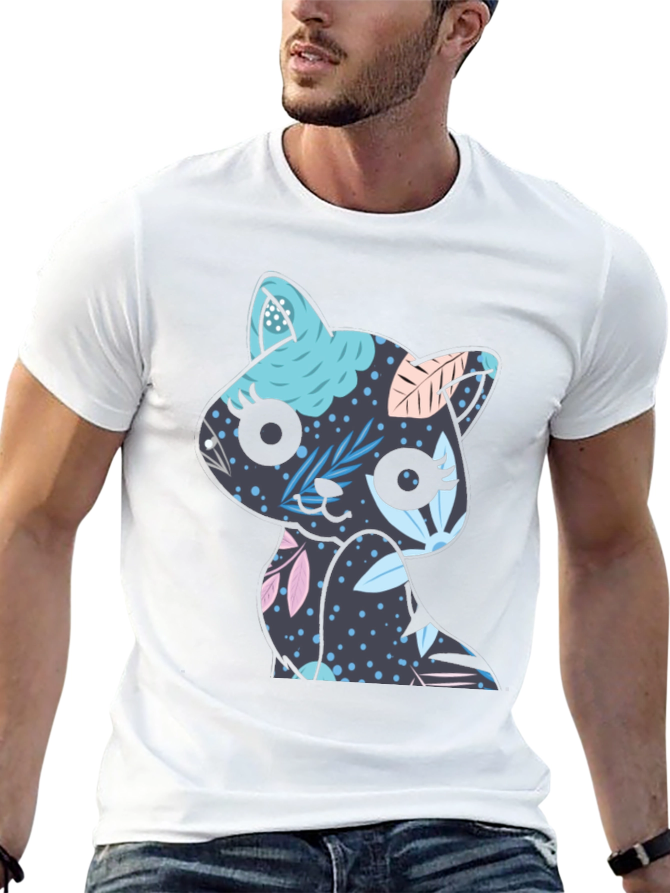 Floral Cat T-Shirt - Black Cute Kitty Tee