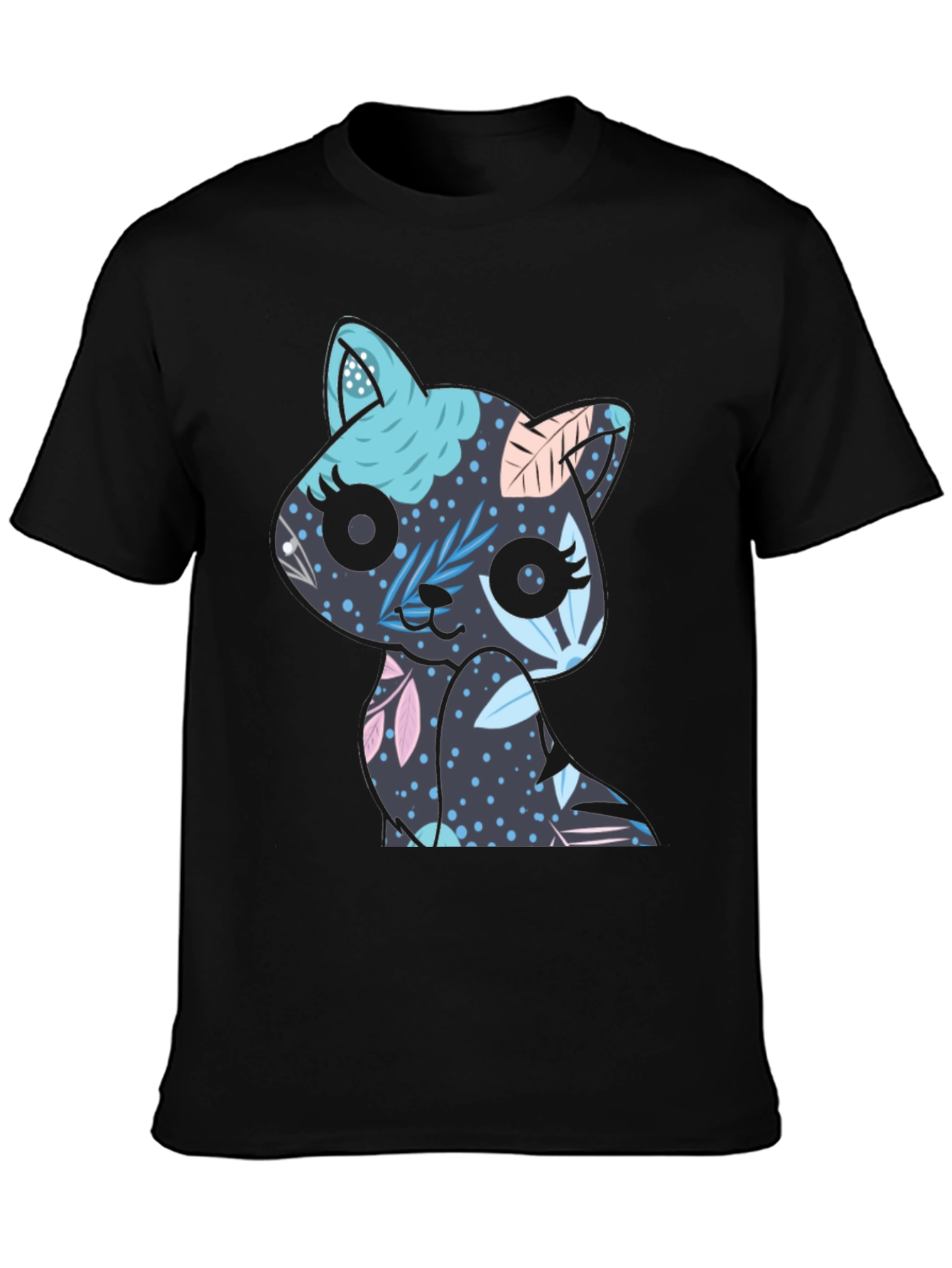 Floral Cat T-Shirt - Black Cute Kitty Tee