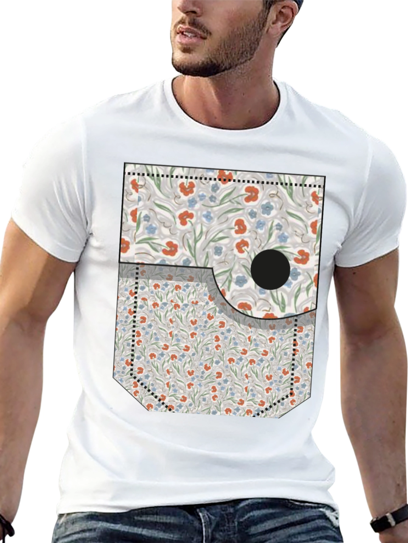Floral Pocket Print Tee - Novelty Graphic T-Shirt