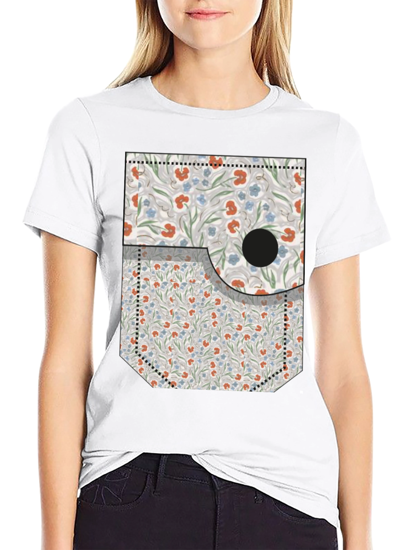 Floral Pocket Print Tee - Novelty Graphic T-Shirt