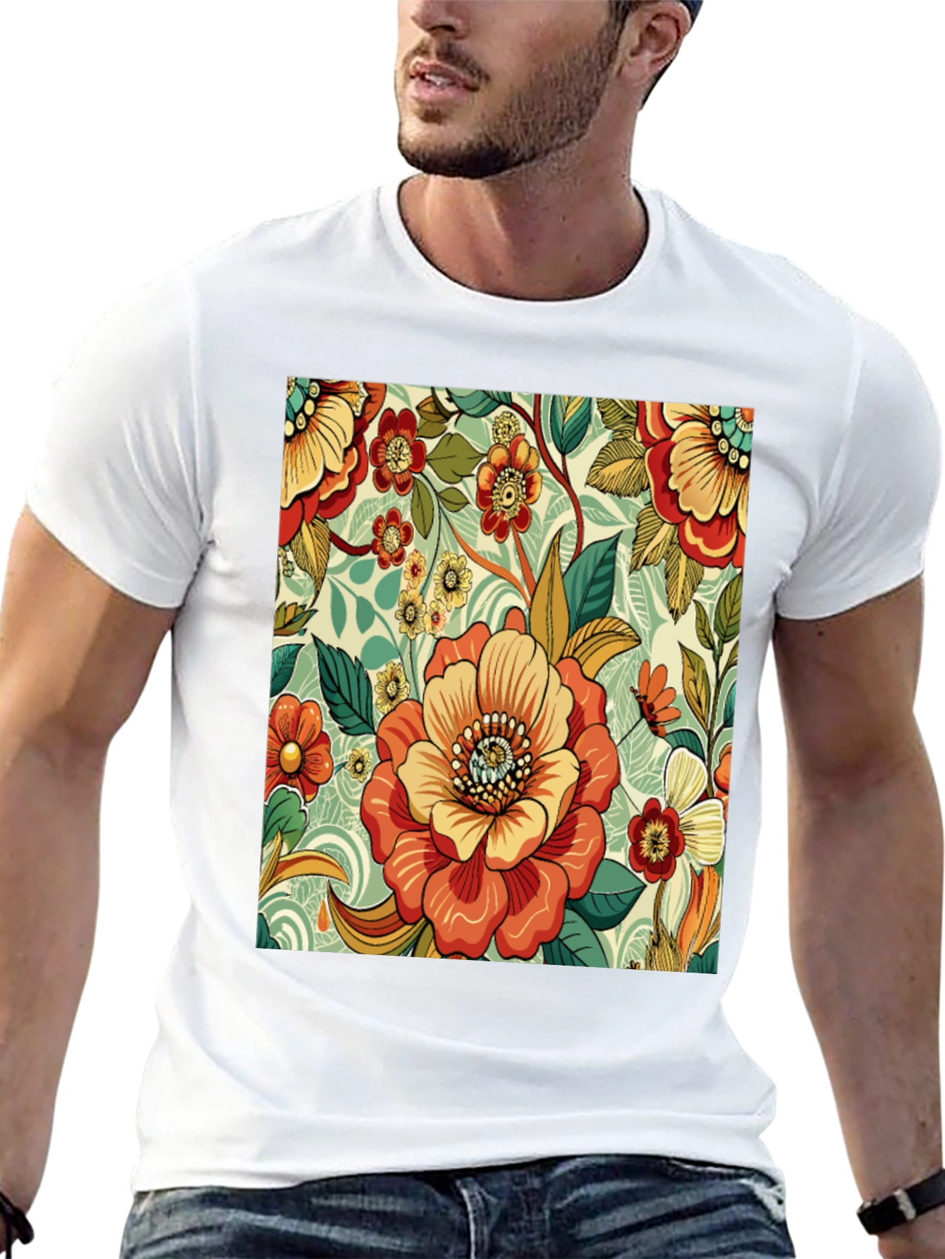 Floral Pattern Print Black T-Shirt