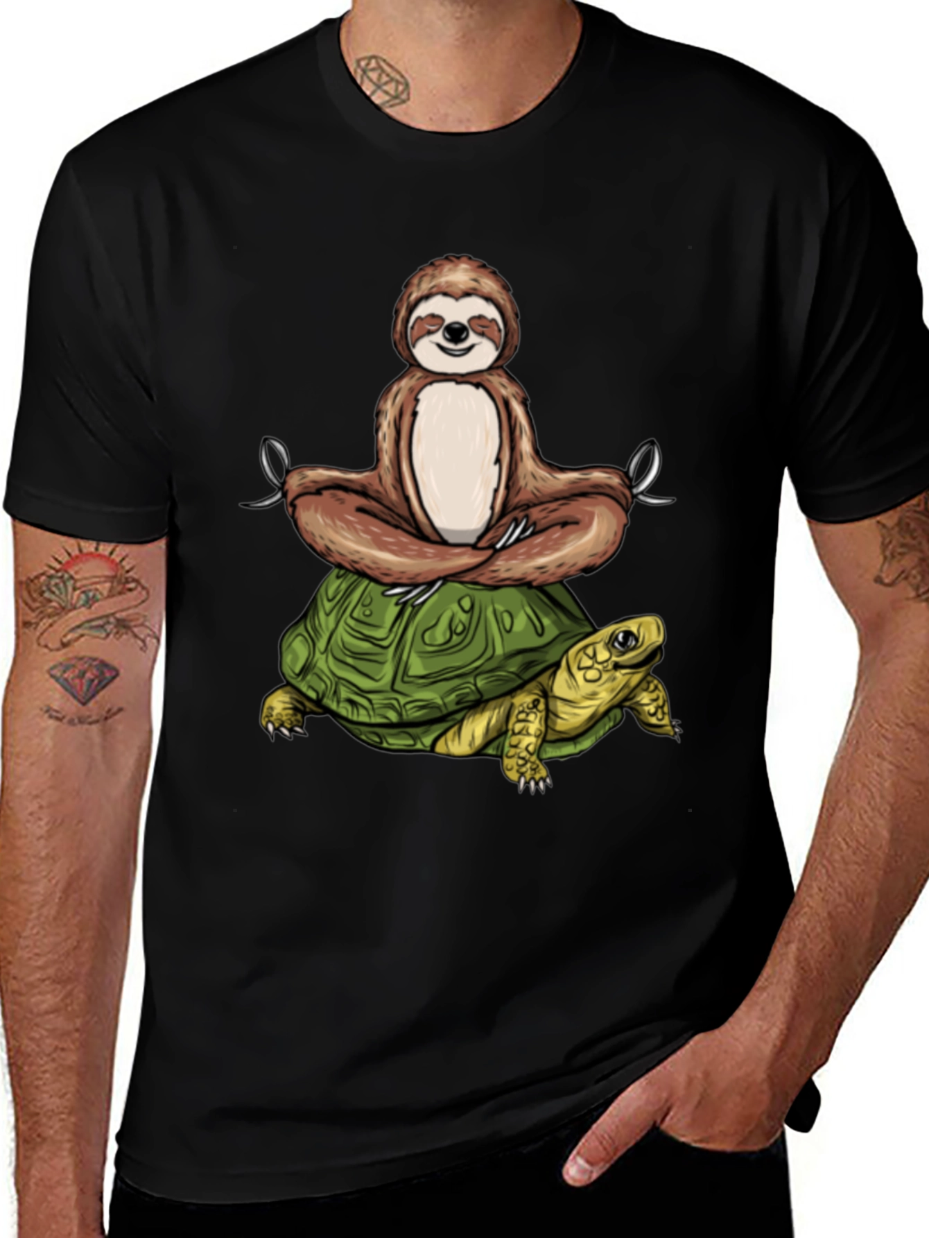 Sloth Meditating on Turtle Black T-Shirt