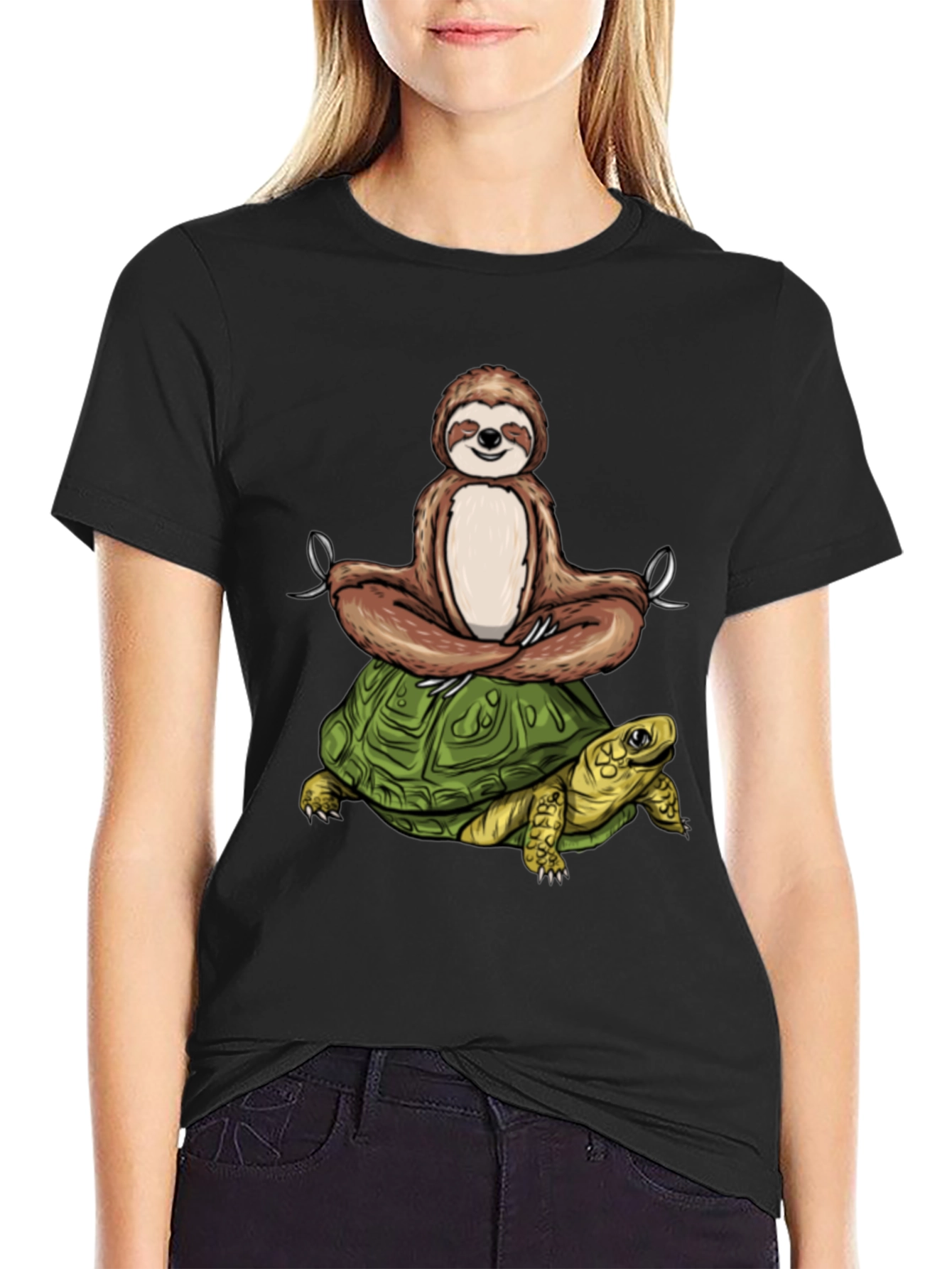 Sloth Meditating on Turtle Black T-Shirt