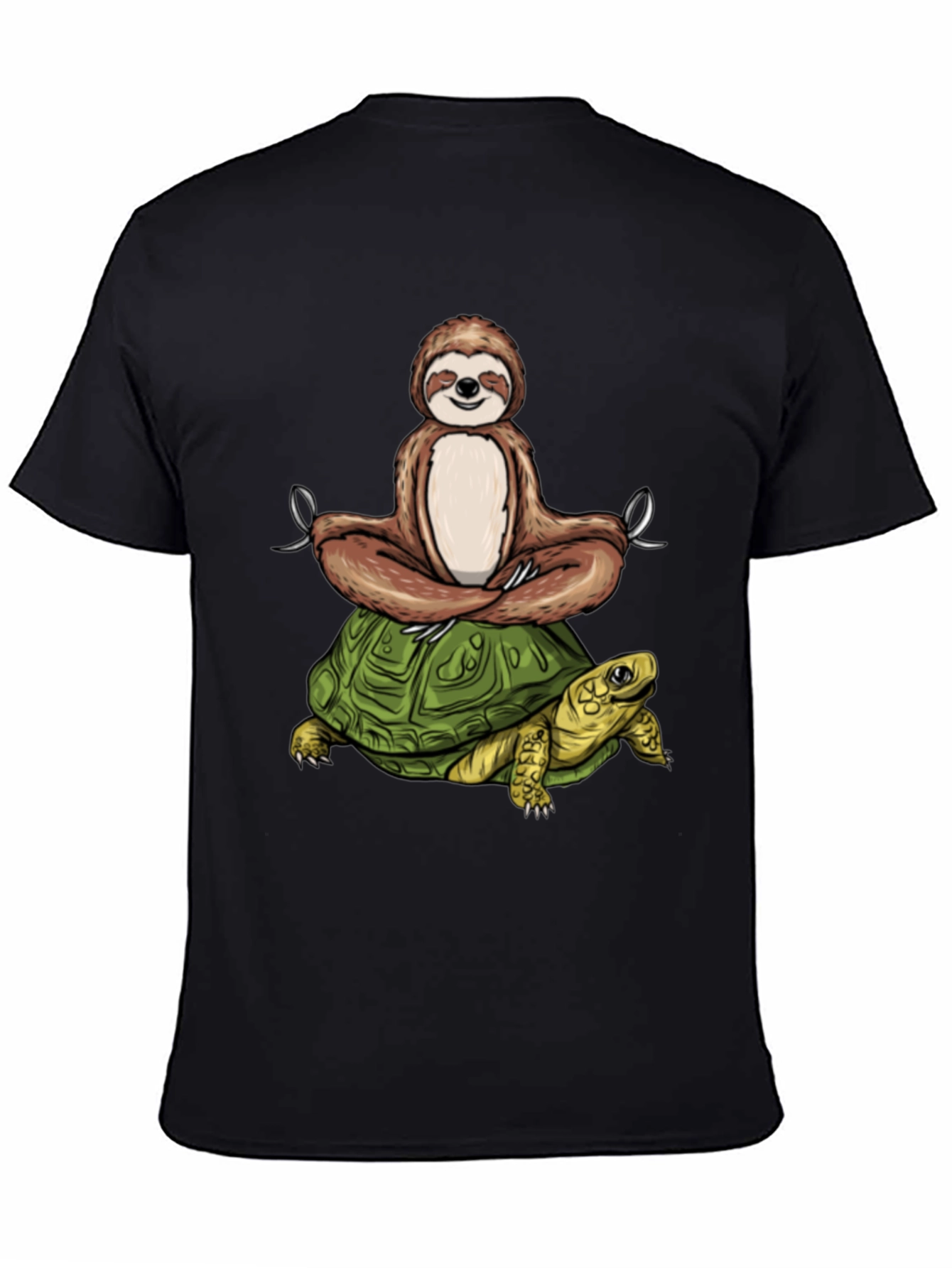 Sloth Meditating on Turtle Black T-Shirt