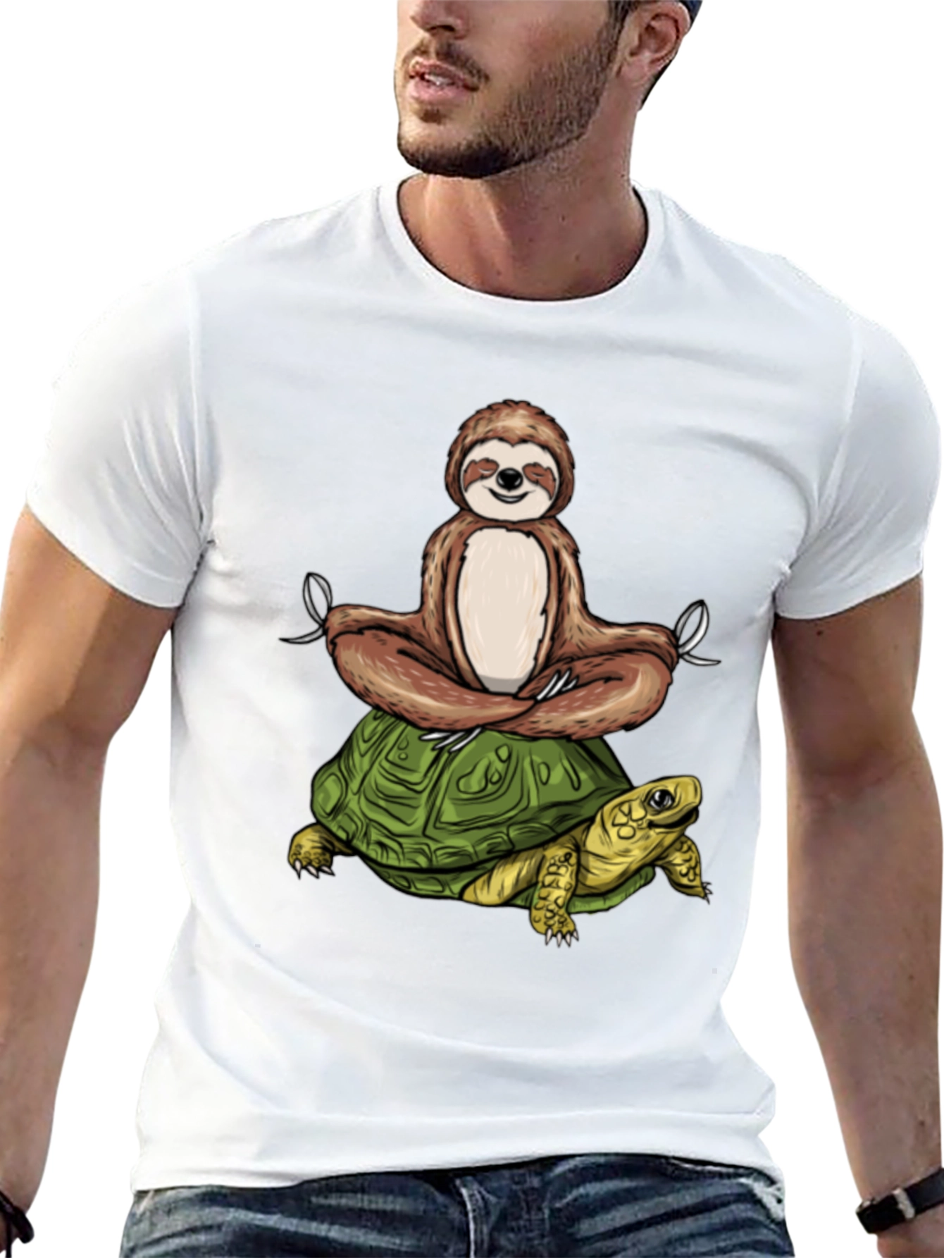 Sloth Meditating on Turtle Black T-Shirt