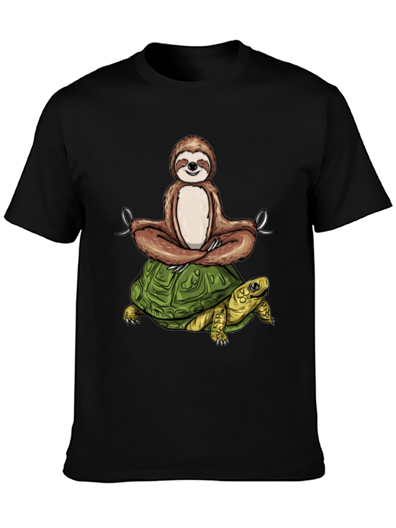Sloth Meditating on Turtle Black T-Shirt