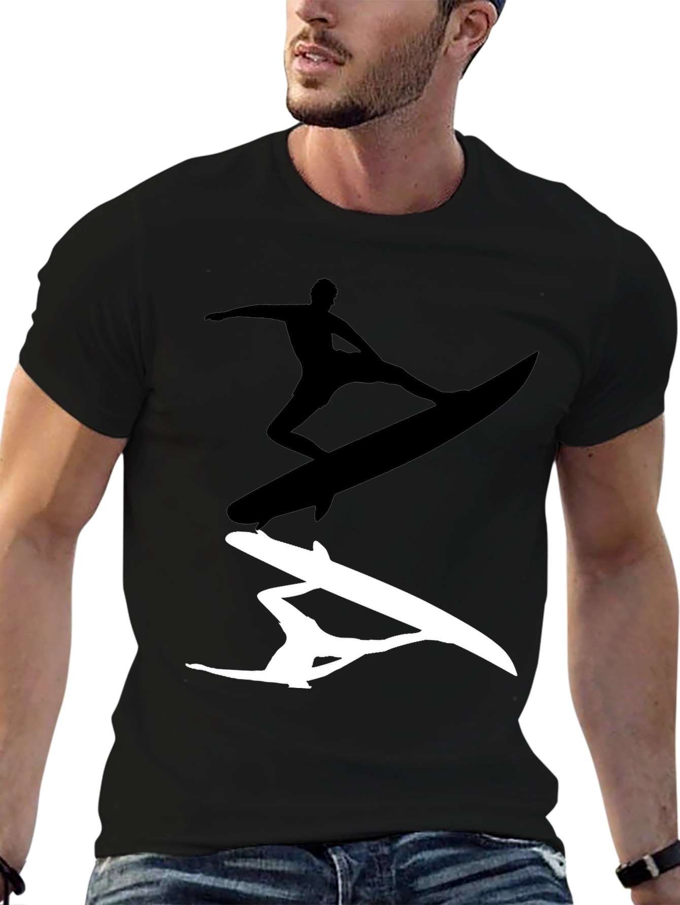 Surfer Silhouette Graphic Tee - Black Cotton Blend