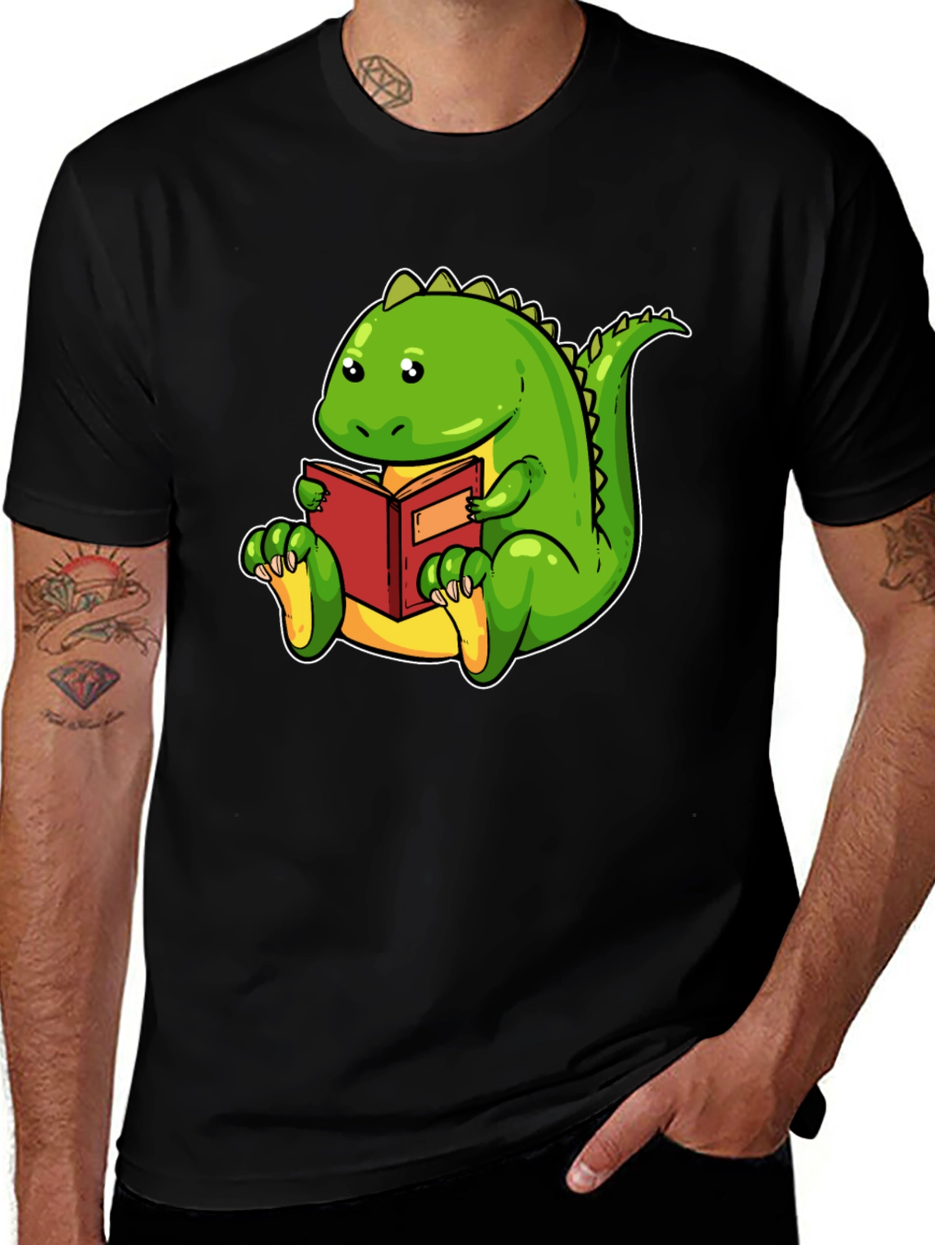 Dinosaur Reading Book Black T-Shirt