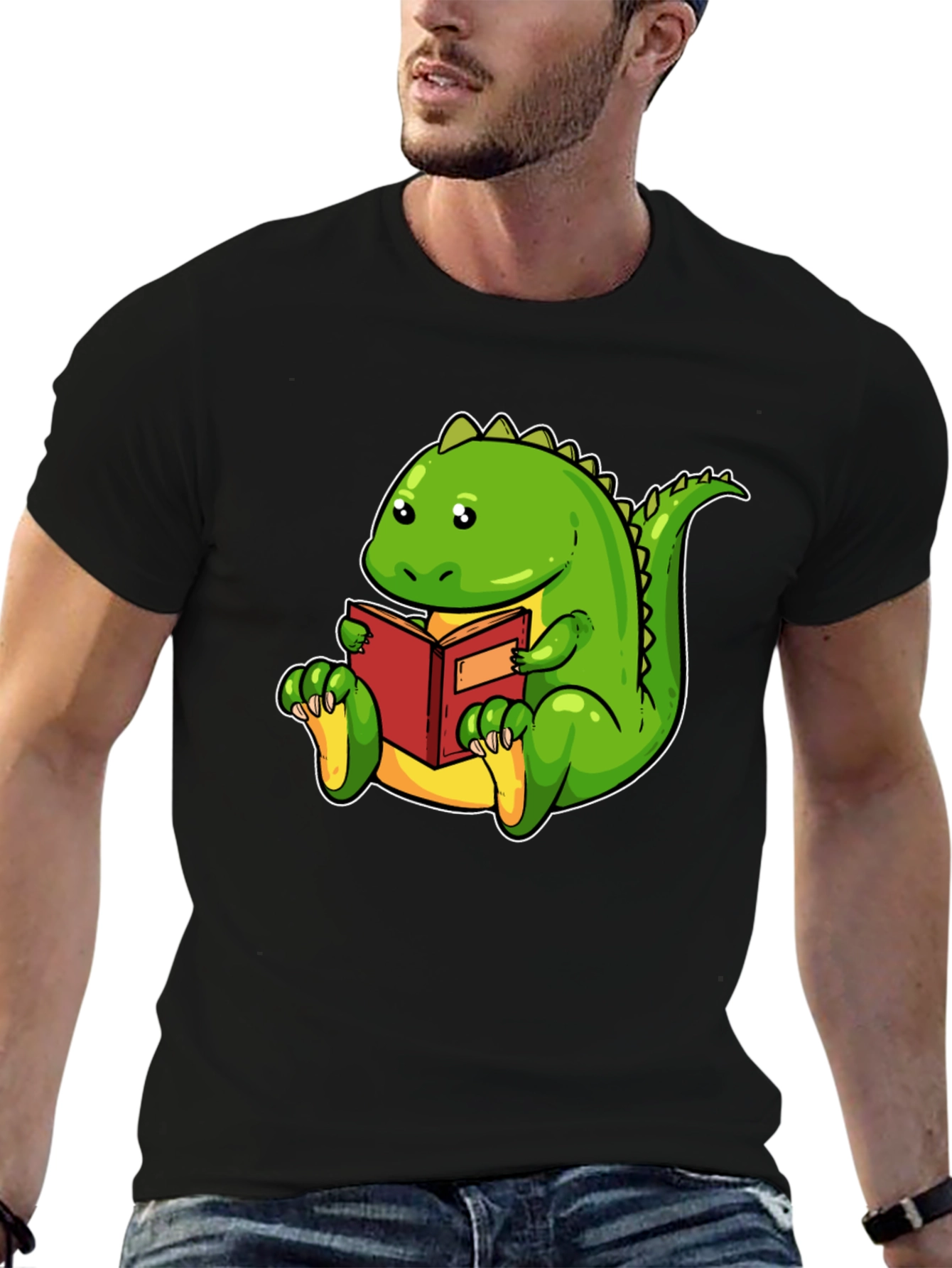 Dinosaur Reading Book Black T-Shirt