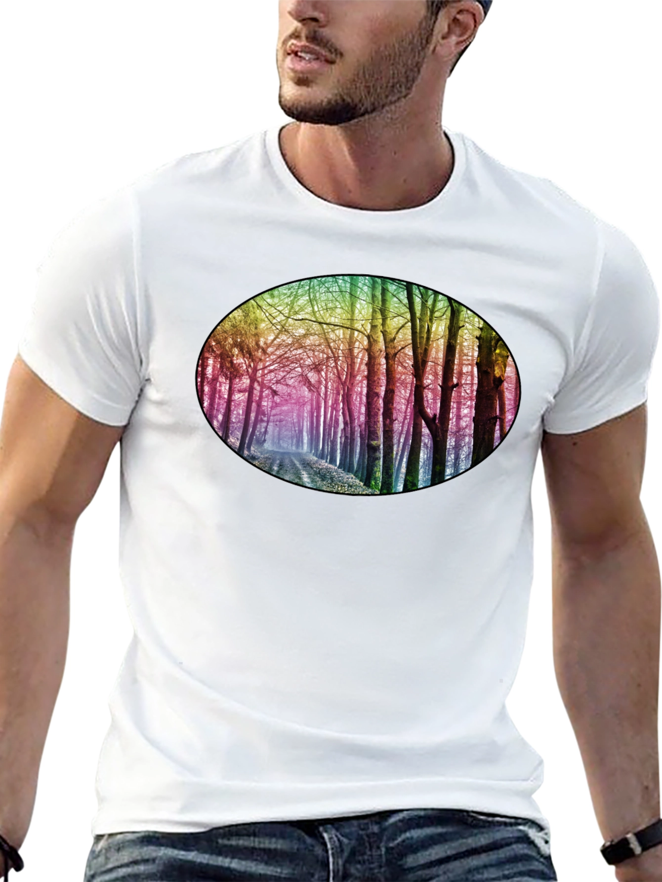 Rainbow Forest Print Black T-Shirt