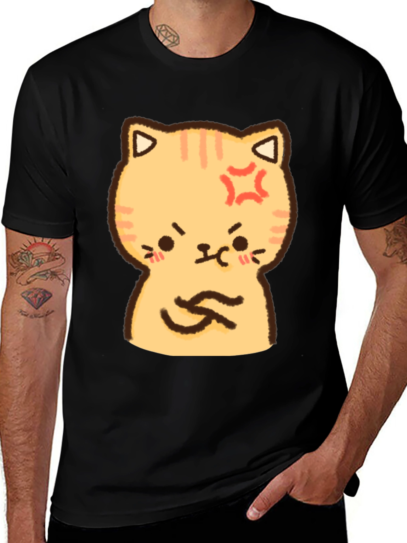 Angry Cat Cartoon Print T-Shirt - Black