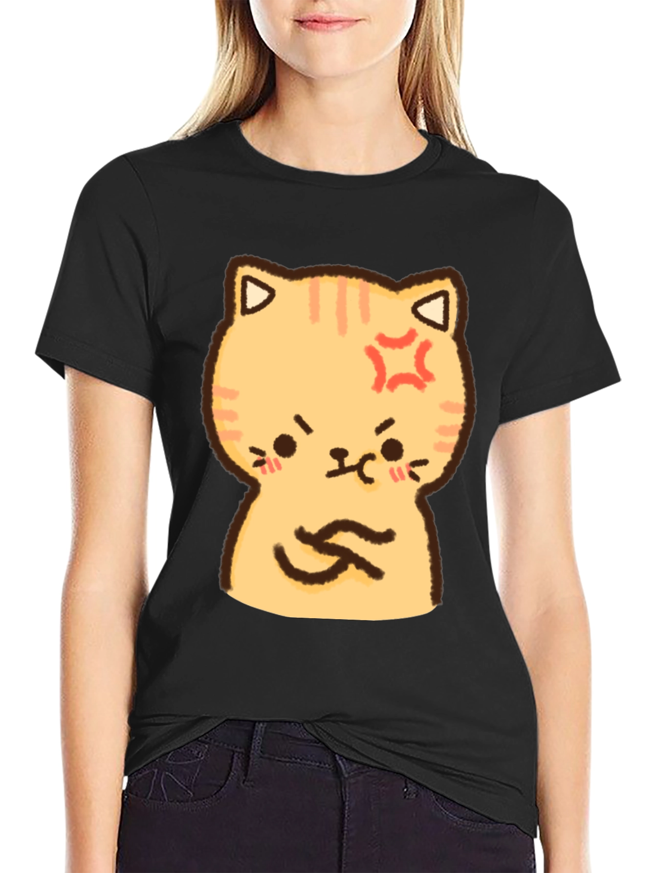Angry Cat Cartoon Print T-Shirt - Black
