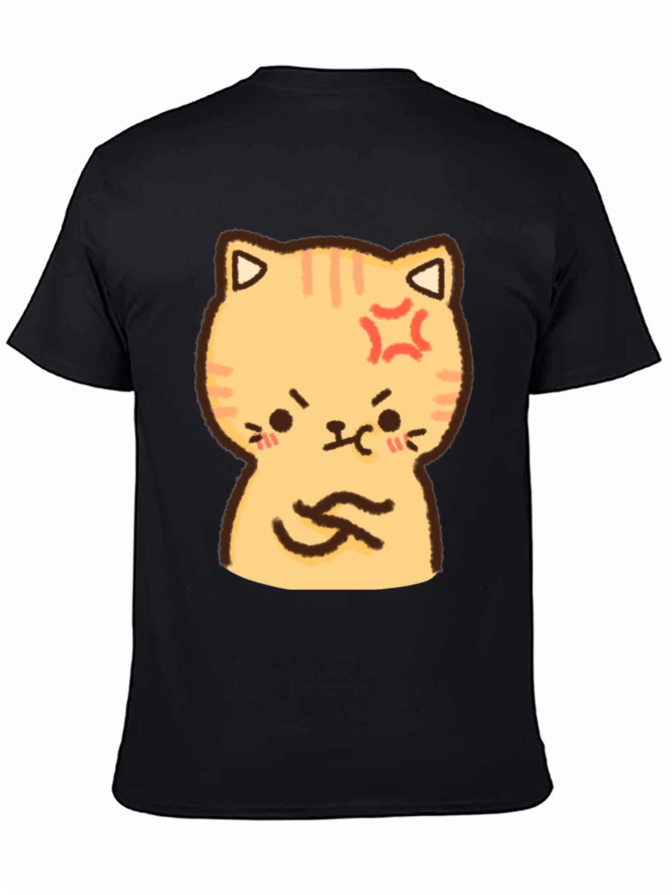 Angry Cat Cartoon Print T-Shirt - Black