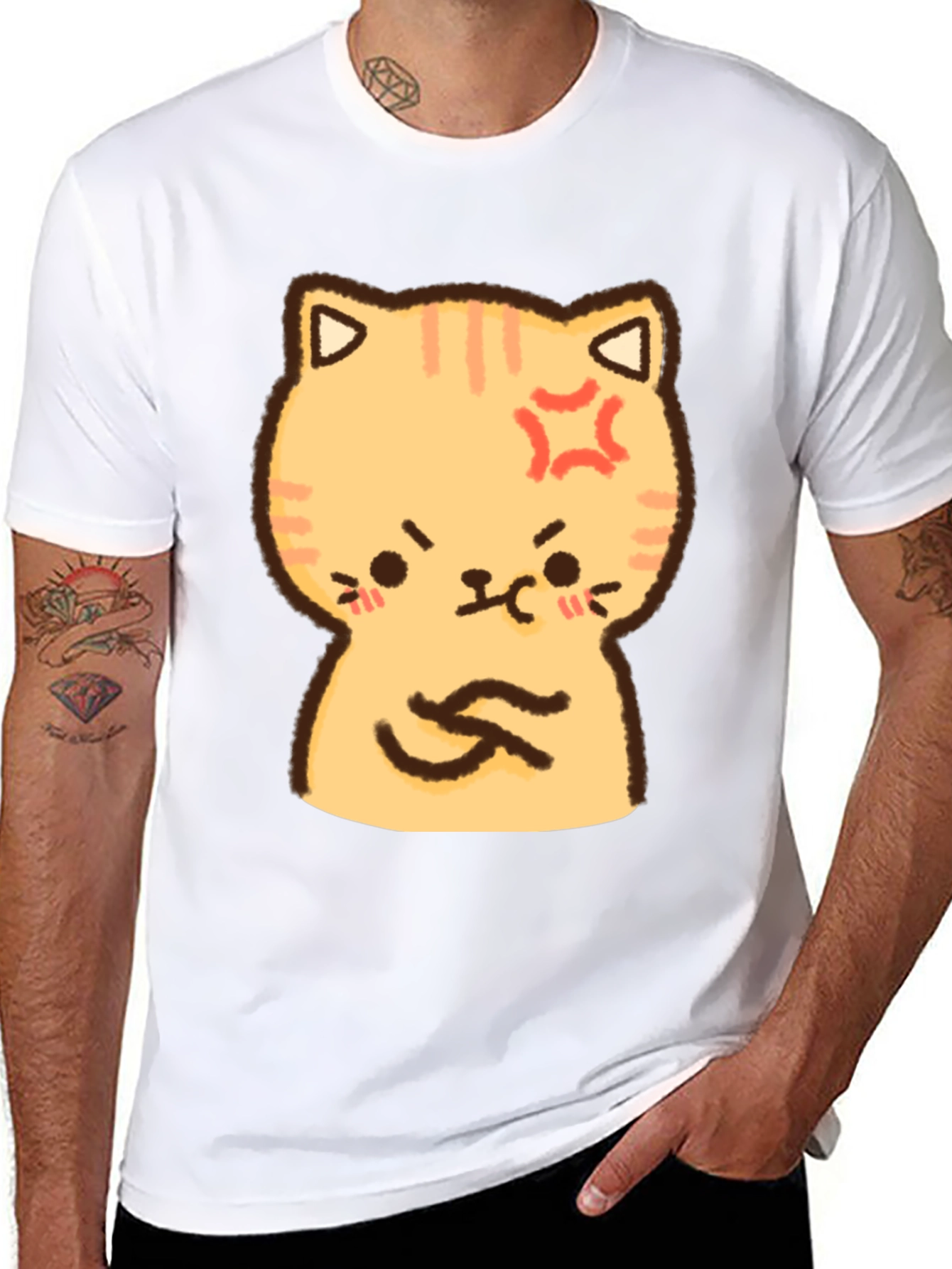 Angry Cat Cartoon Print T-Shirt - Black