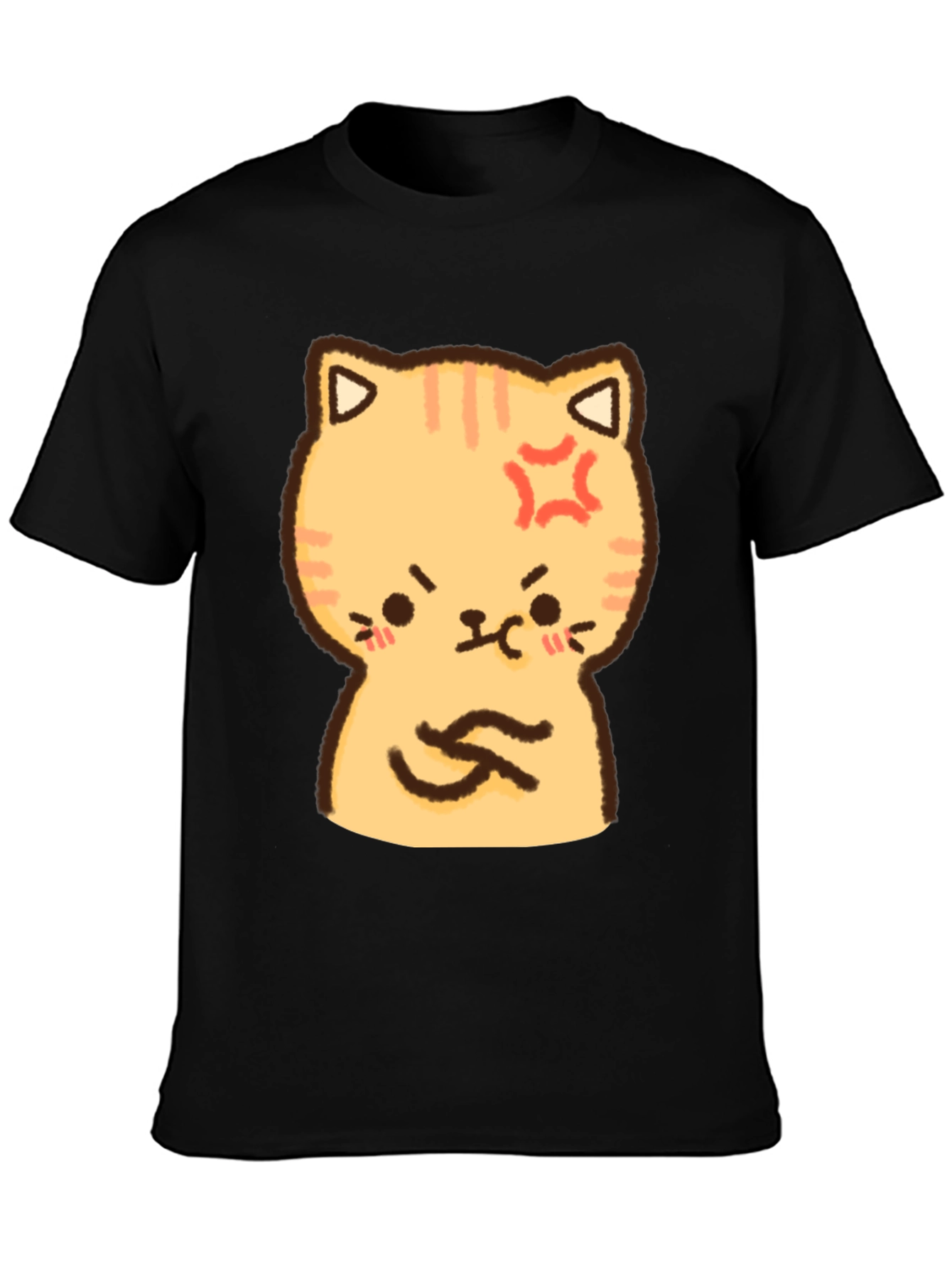 Angry Cat Cartoon Print T-Shirt - Black