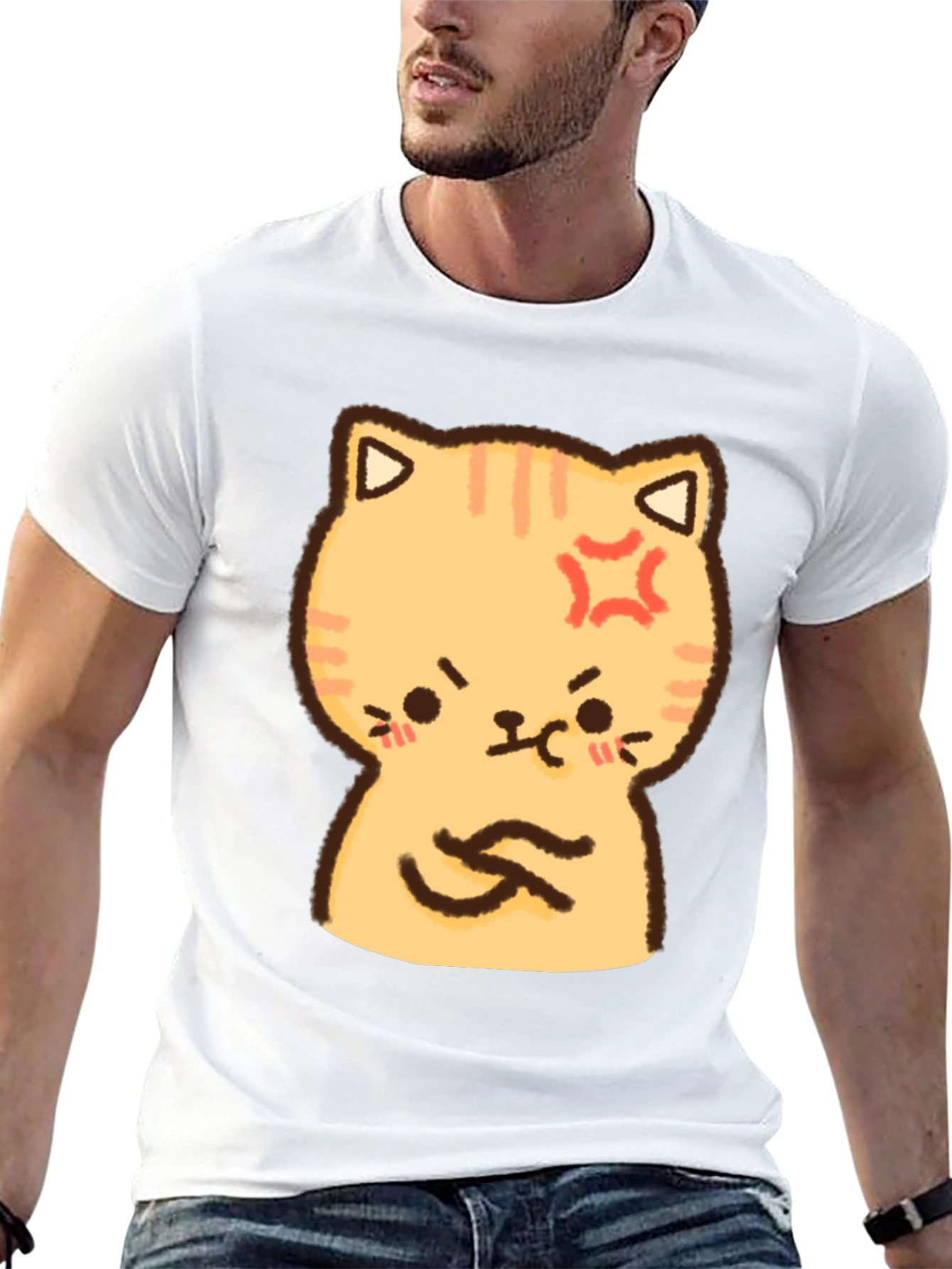 Angry Cat Cartoon Print T-Shirt - Black