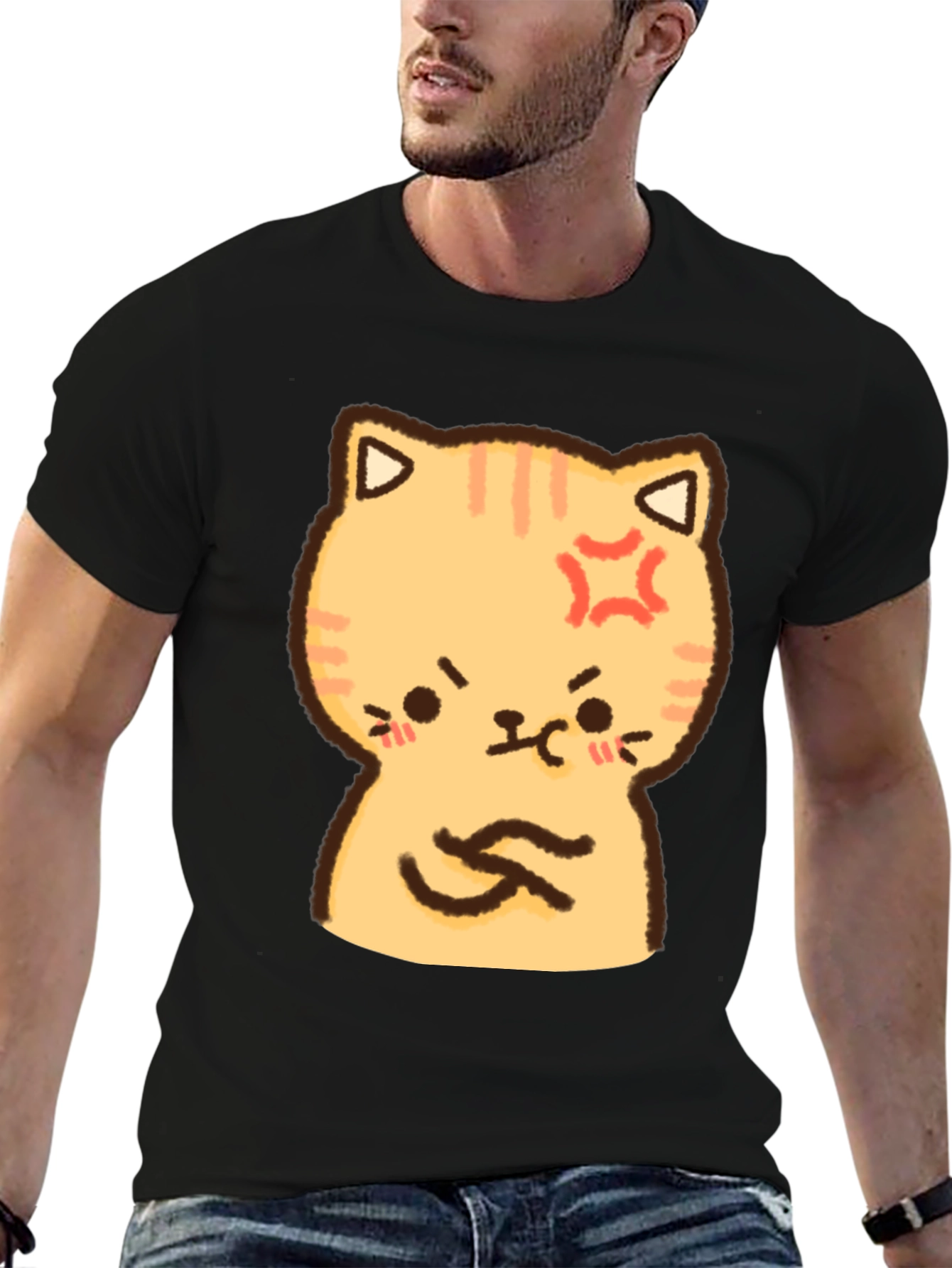 Angry Cat Cartoon Print T-Shirt - Black