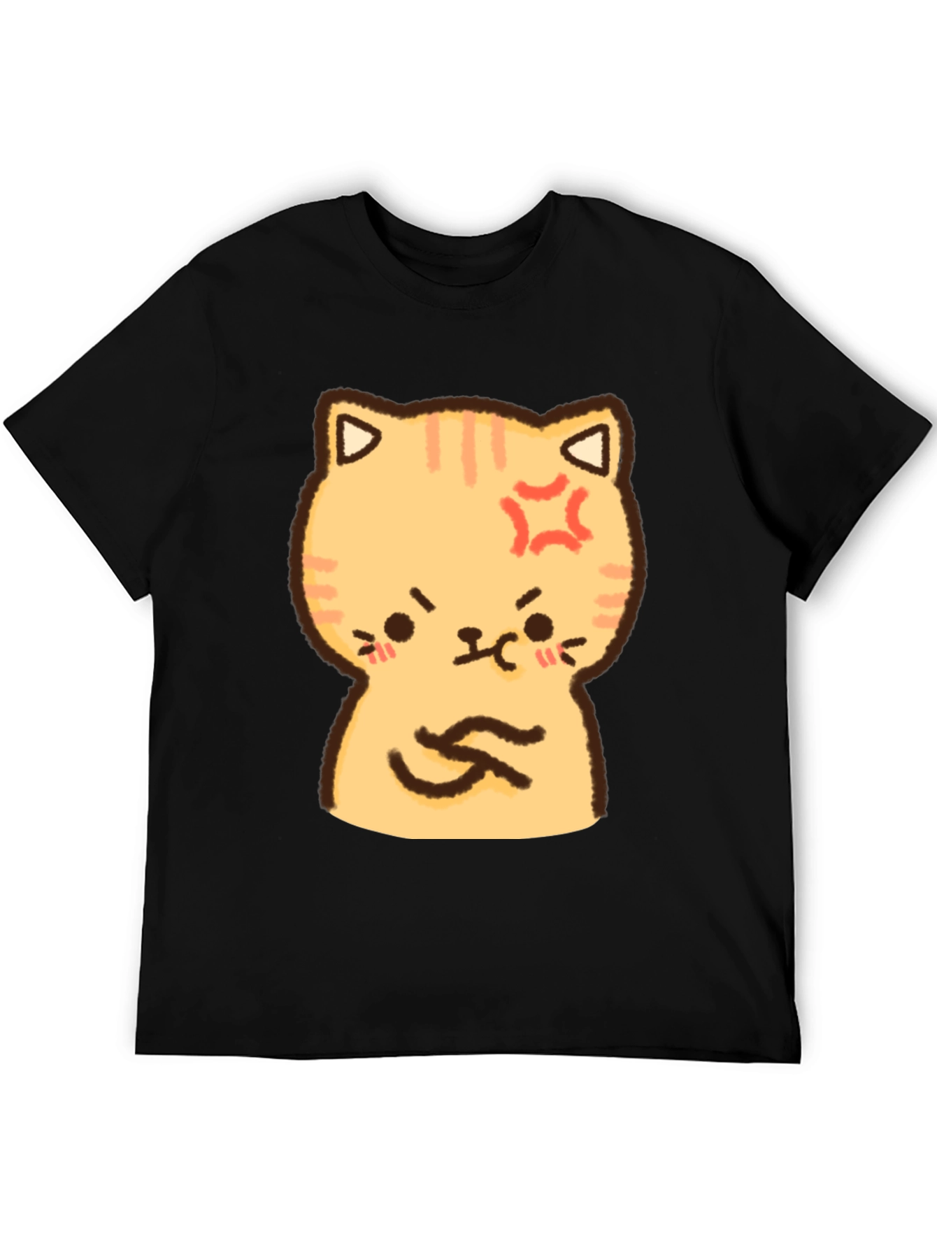 Angry Cat Cartoon Print T-Shirt - Black