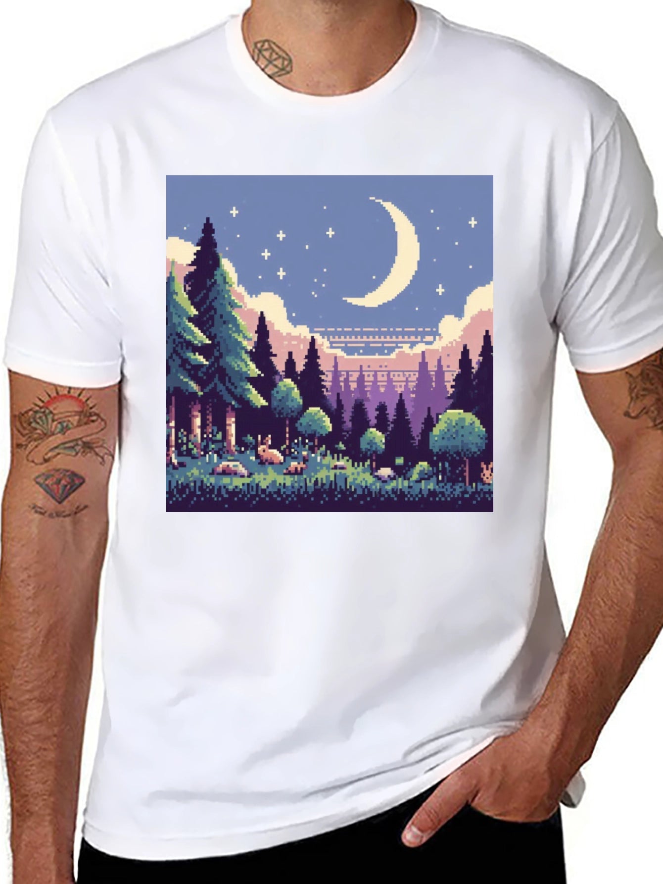 Pixel Art Moonlit Forest Black T-Shirt