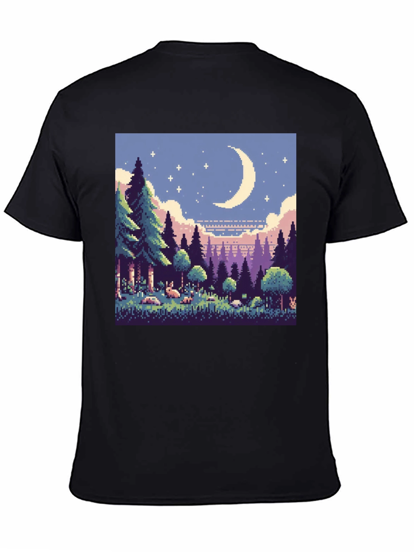 Pixel Art Moonlit Forest Black T-Shirt