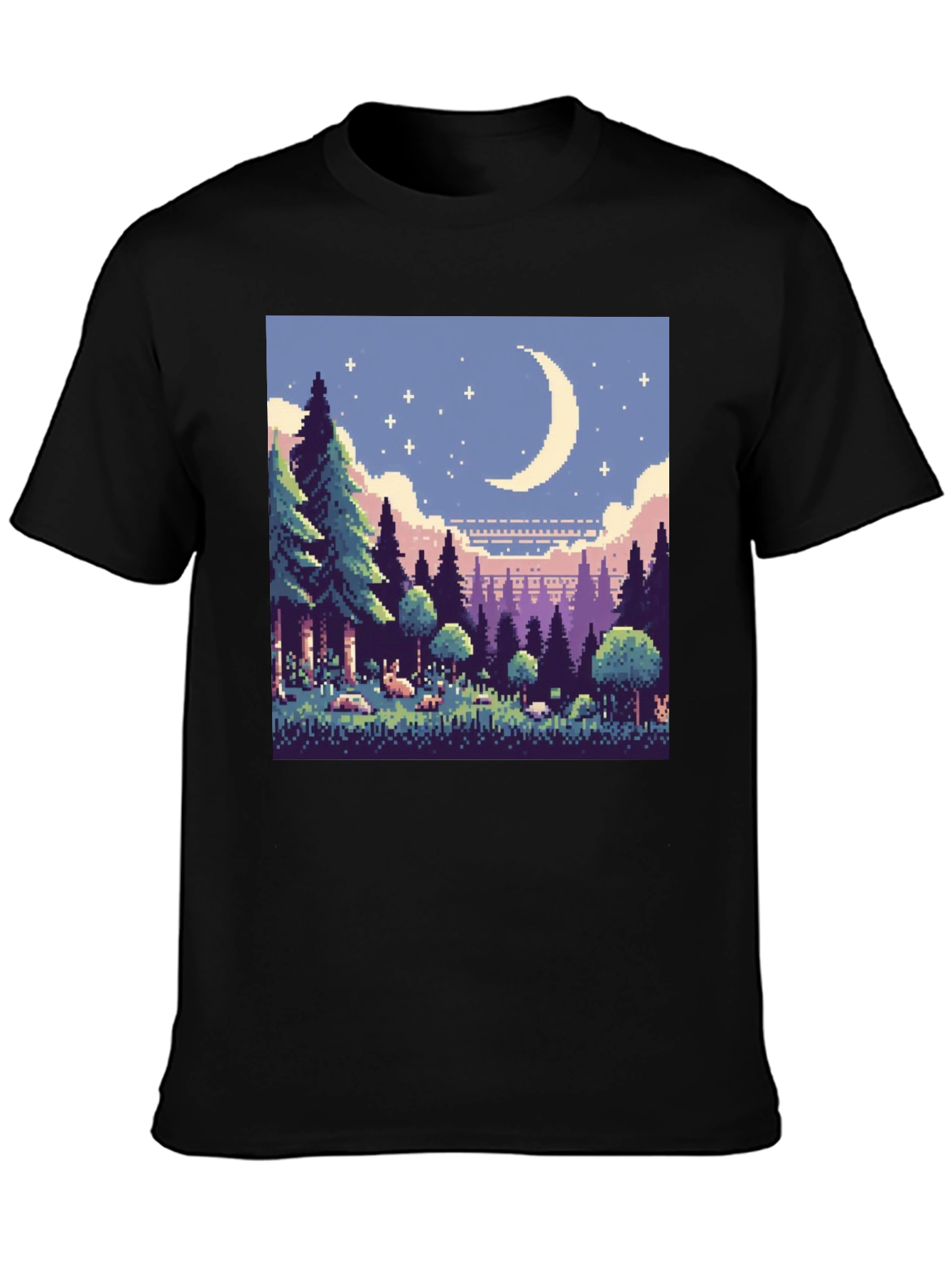 Pixel Art Moonlit Forest Black T-Shirt