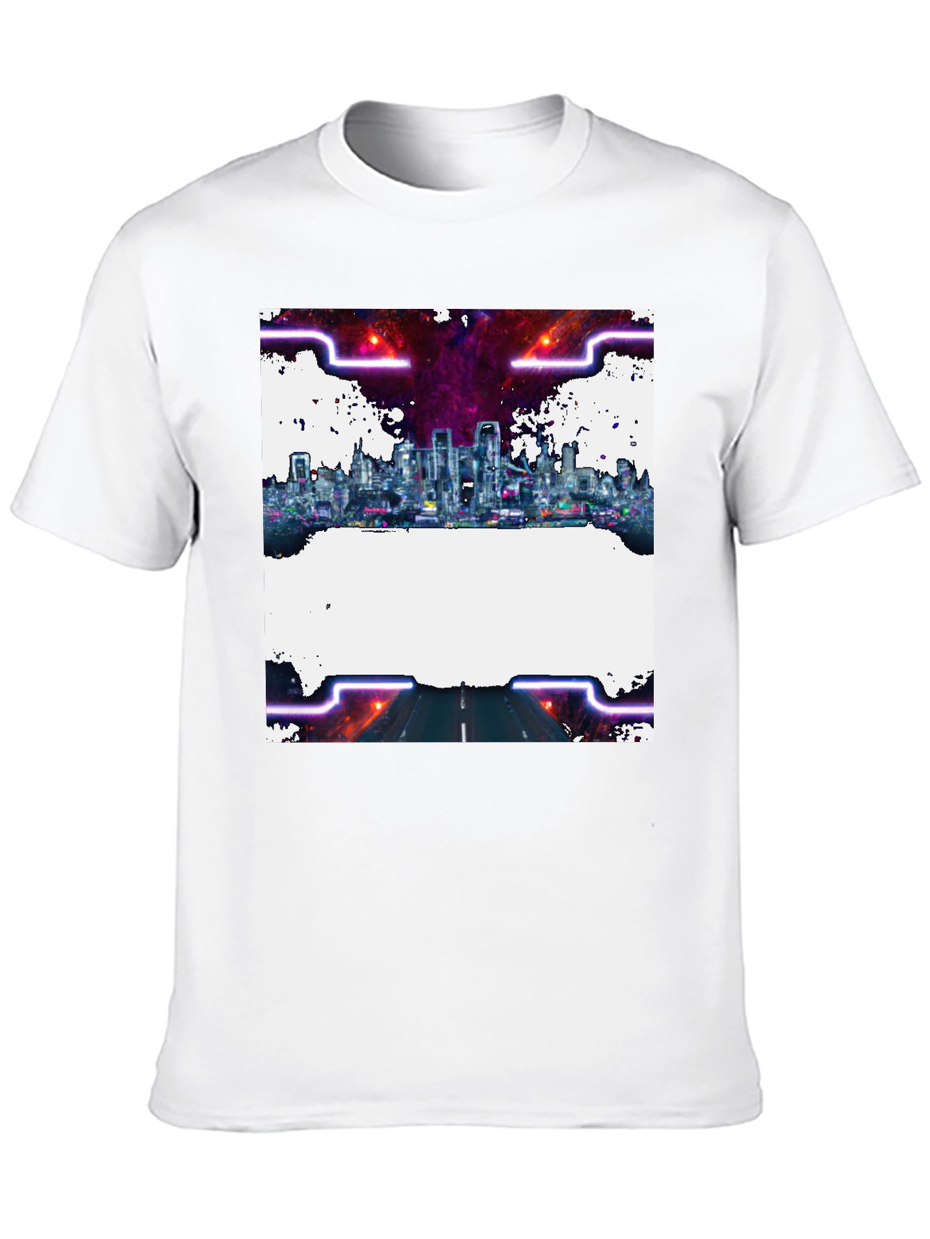Cyberpunk Cityscape Graphic Tee - Black Crew Neck