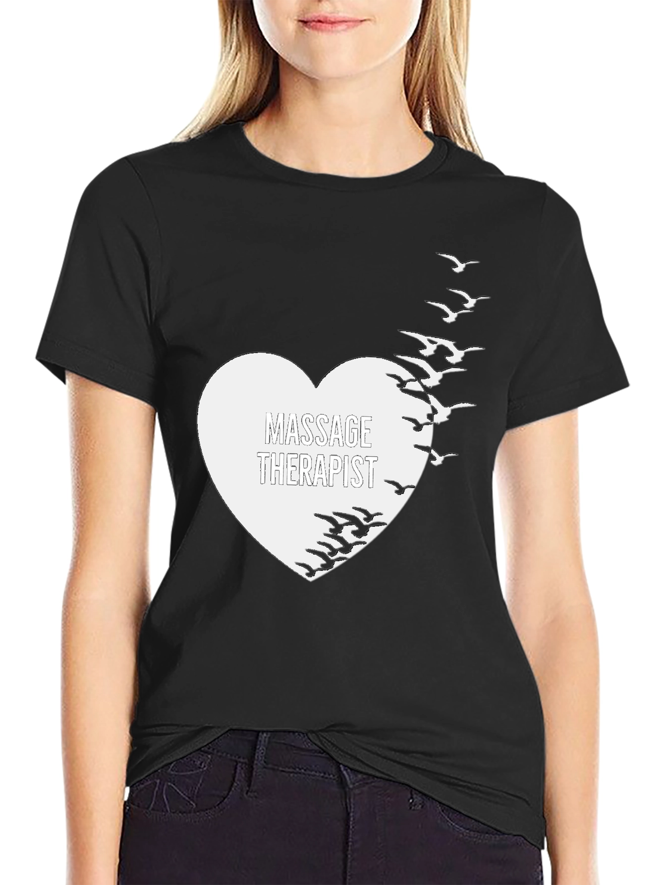 Massage Therapist Heart & Birds Black T-Shirt