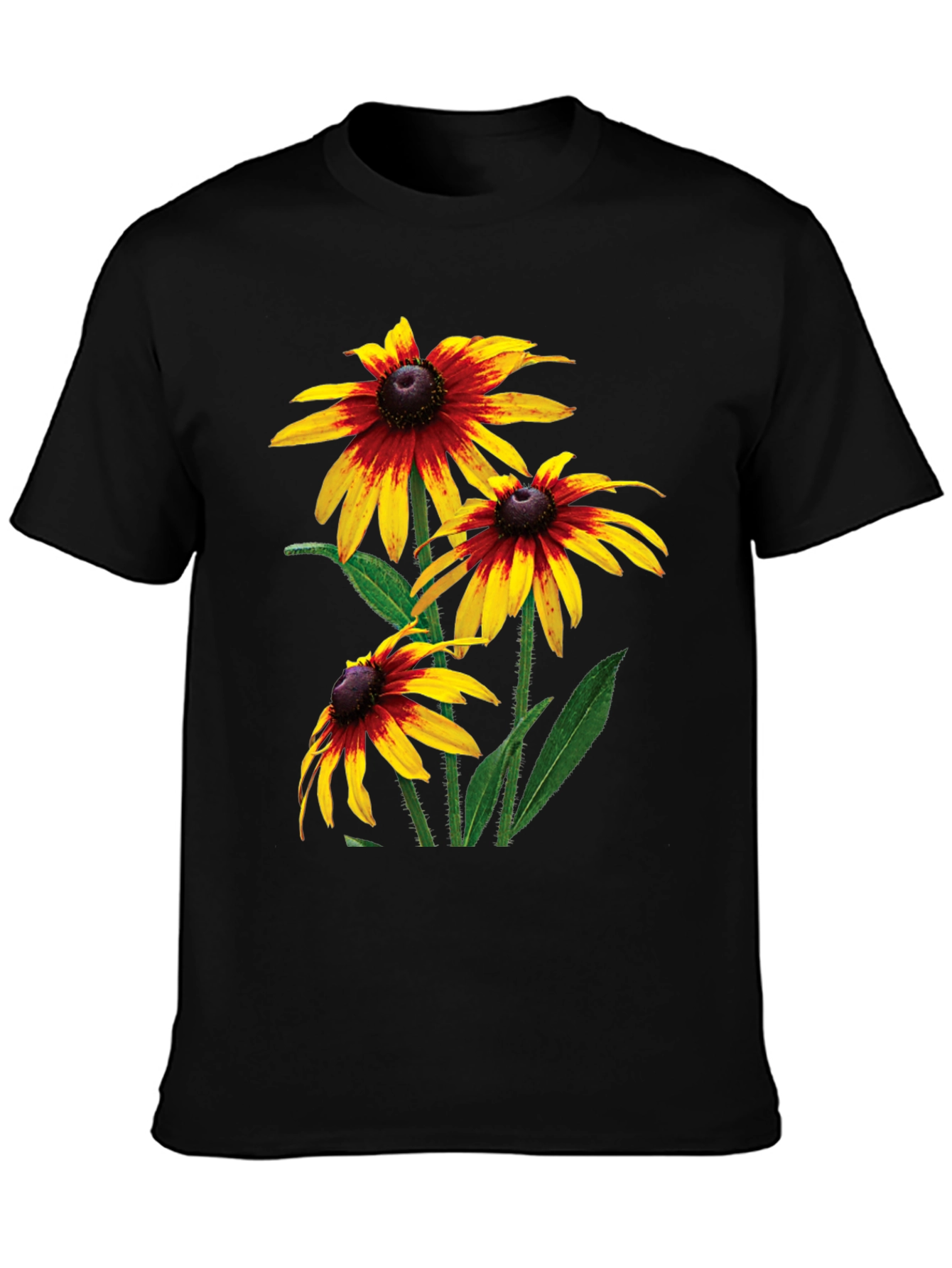 Black T-Shirt with Rudbeckia Flower Print