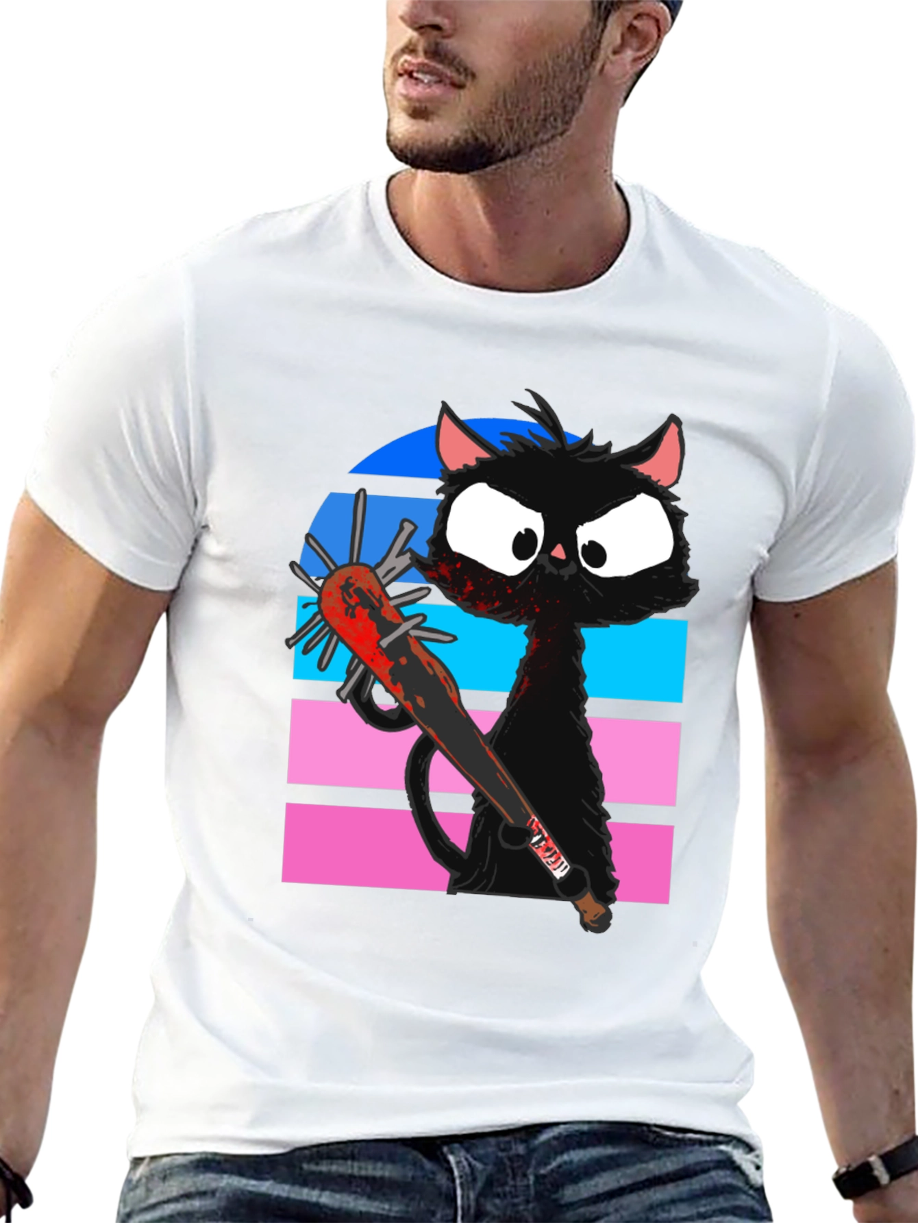 Black Cat with Spiked Bat Graphic T-Shirt