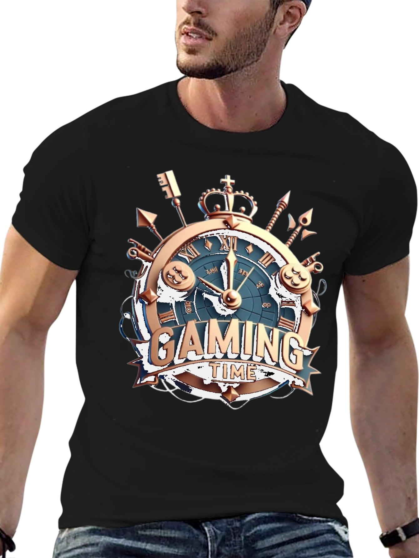 Gaming Time Black T-Shirt: Gamer Clock Design