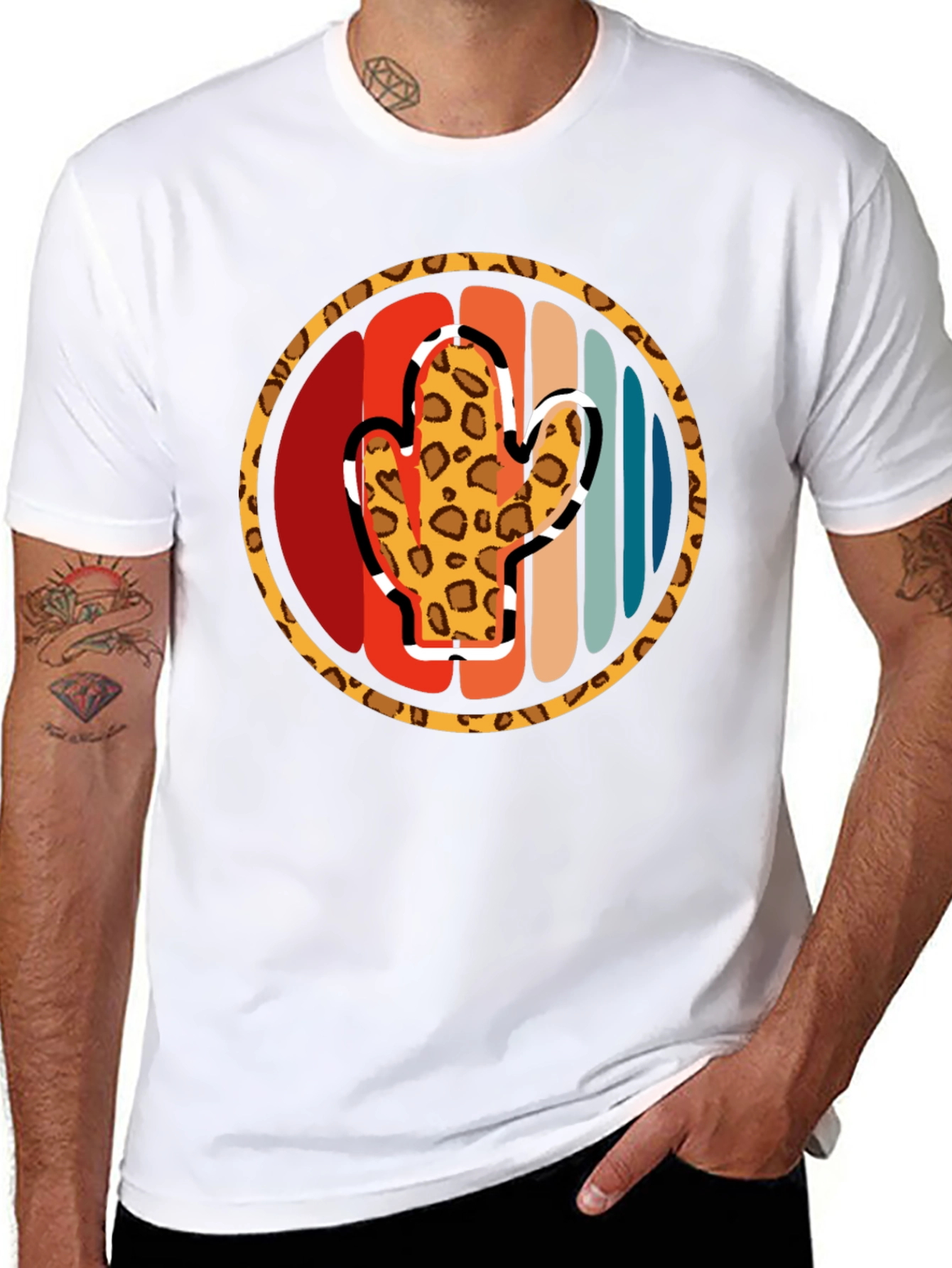 Retro Cactus Leopard Print Mens T-Shirt