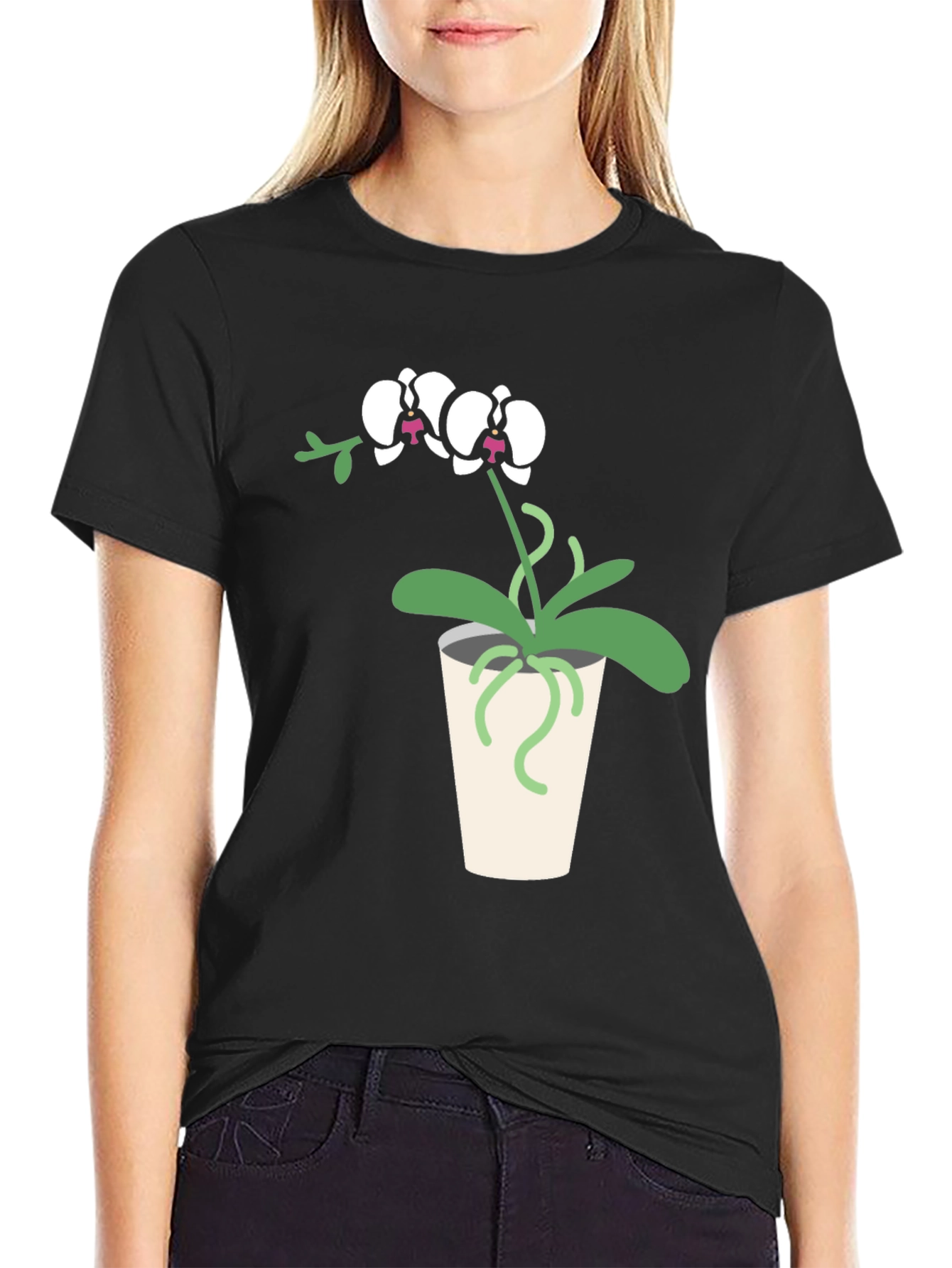 Orchid Plant Graphic Tee - Black Cotton T-Shirt