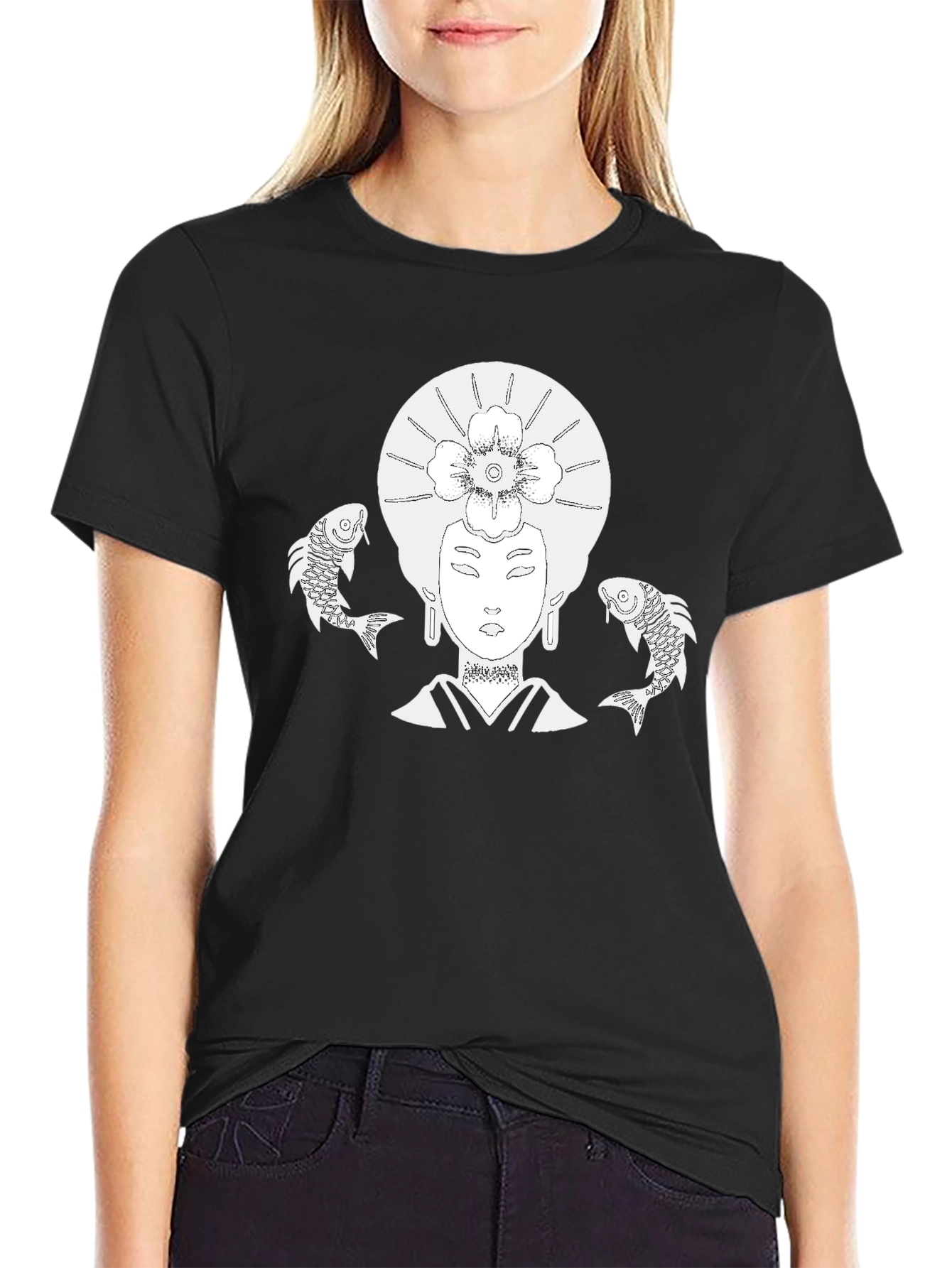 Koi Fish Geisha Graphic T-Shirt - Black