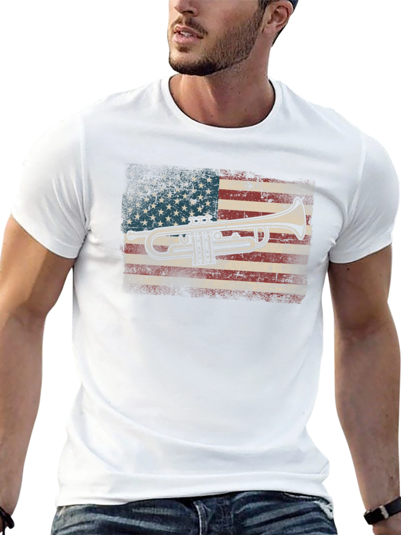 Trumpet USA Flag Graphic Tee - Black Cotton T-Shirt