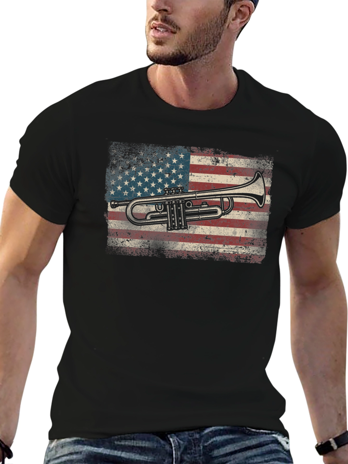 Trumpet USA Flag Graphic Tee - Black Cotton T-Shirt