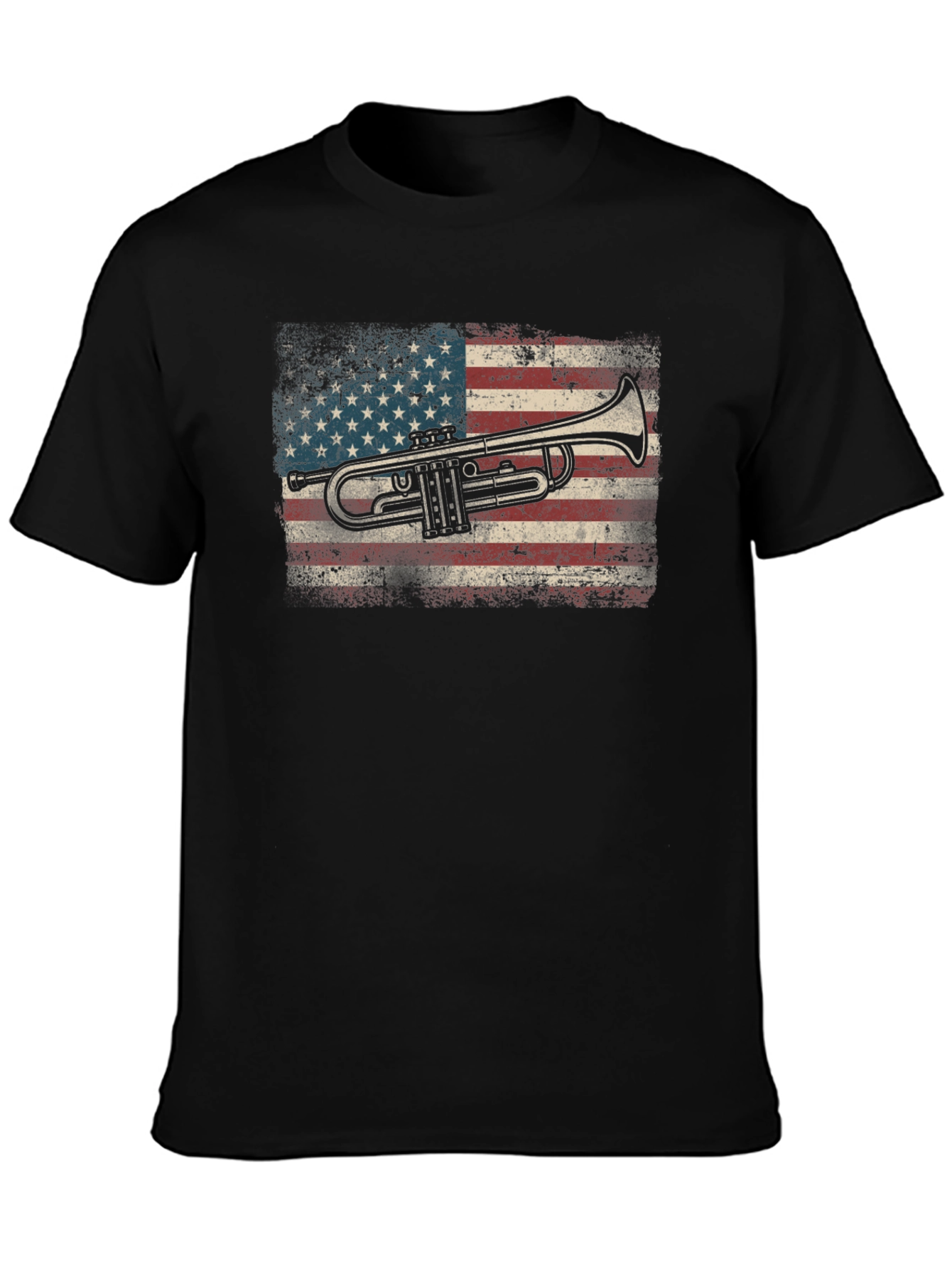 Trumpet USA Flag Graphic Tee - Black Cotton T-Shirt