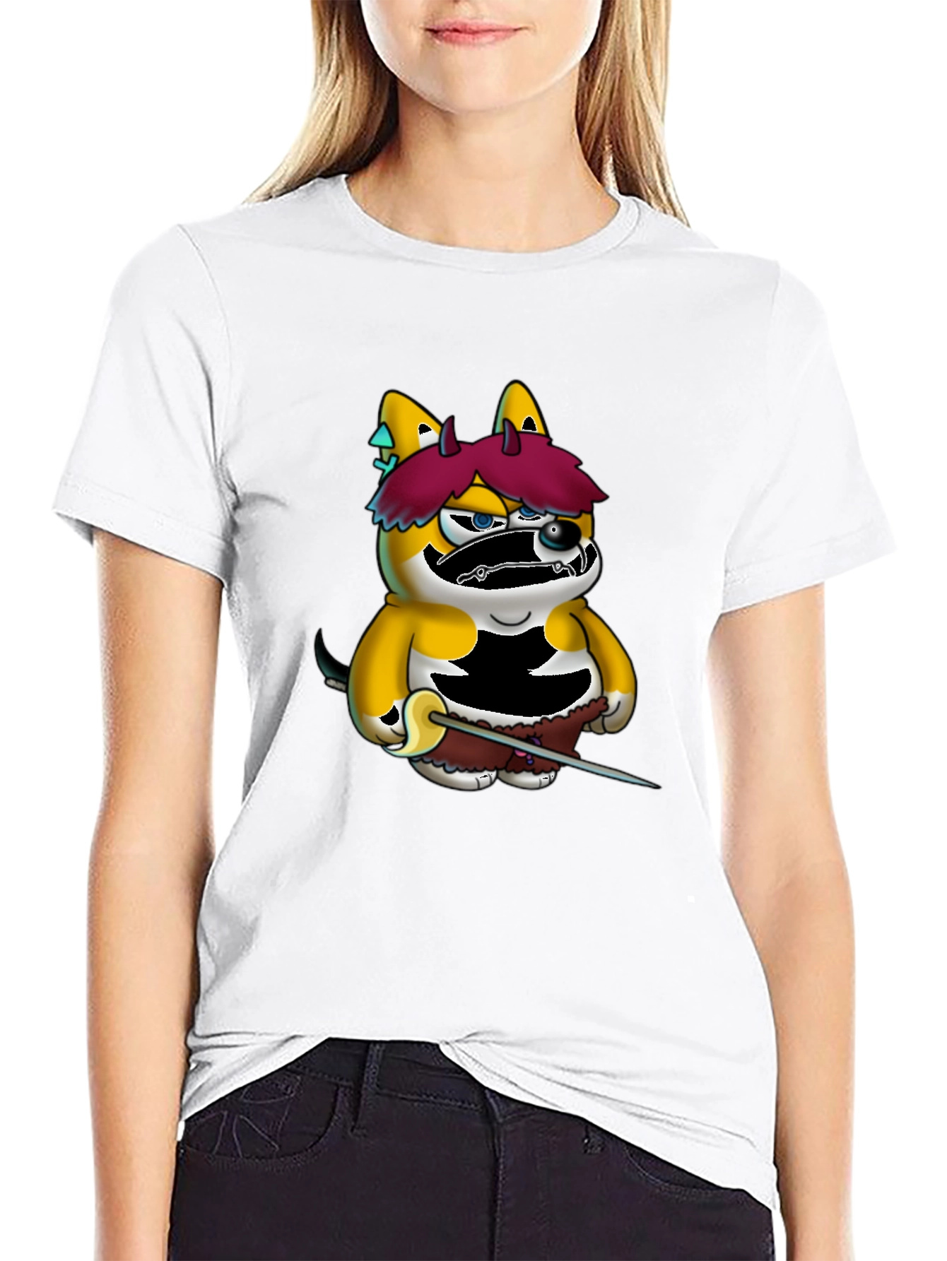 Cartoon Shiba Inu Samurai Black Tee