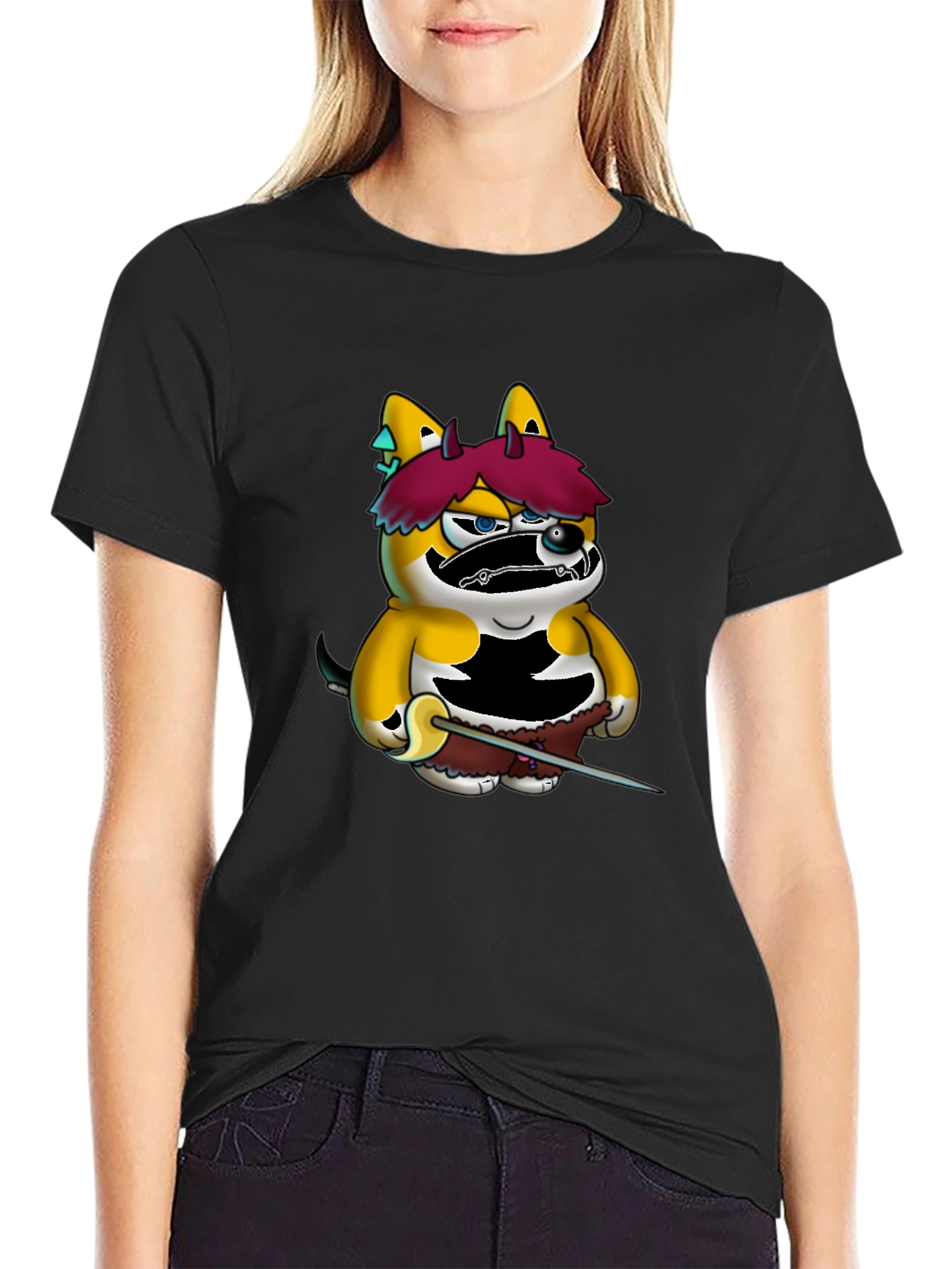 Cartoon Shiba Inu Samurai Black Tee