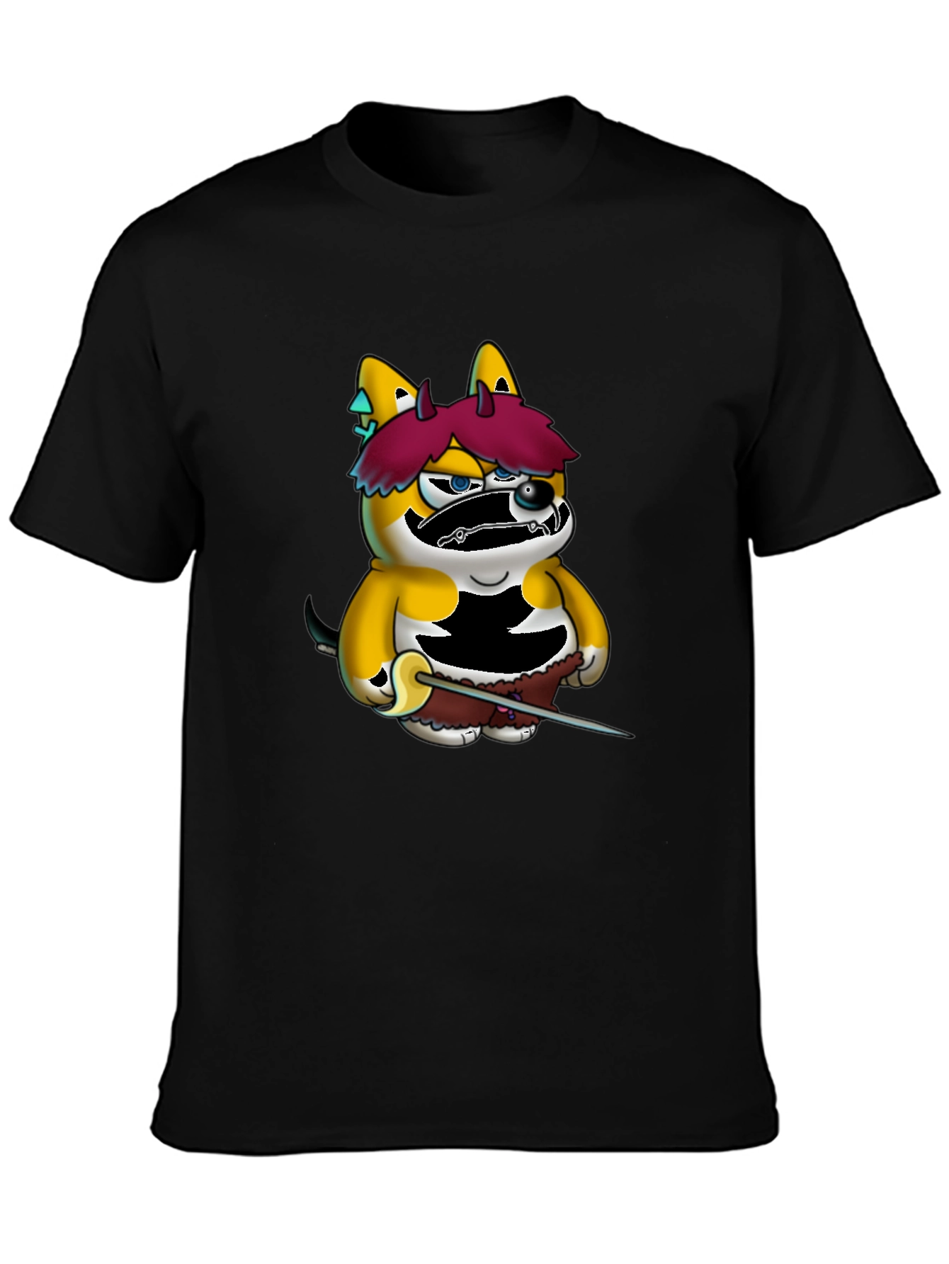 Cartoon Shiba Inu Samurai Black Tee