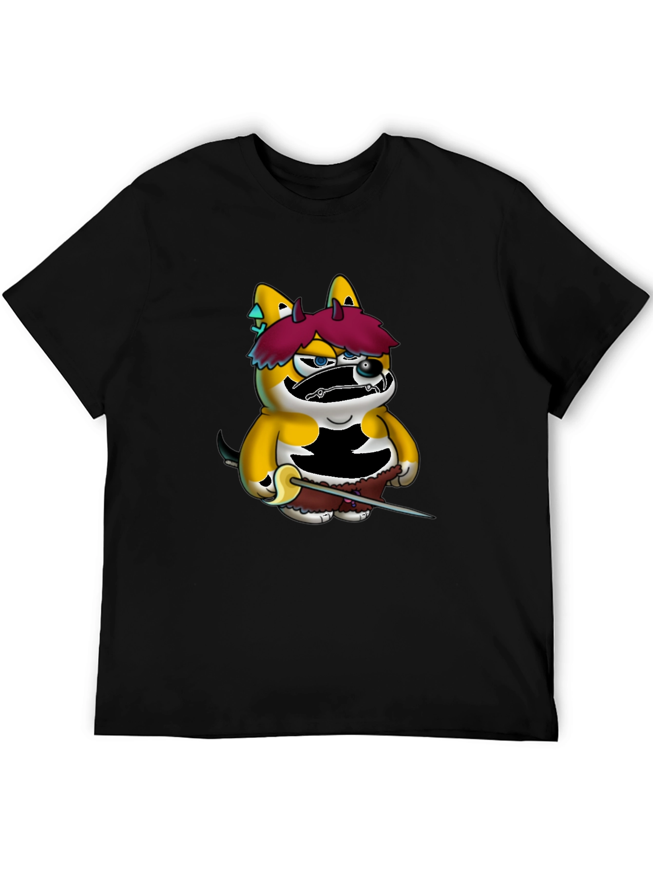 Cartoon Shiba Inu Samurai Black Tee