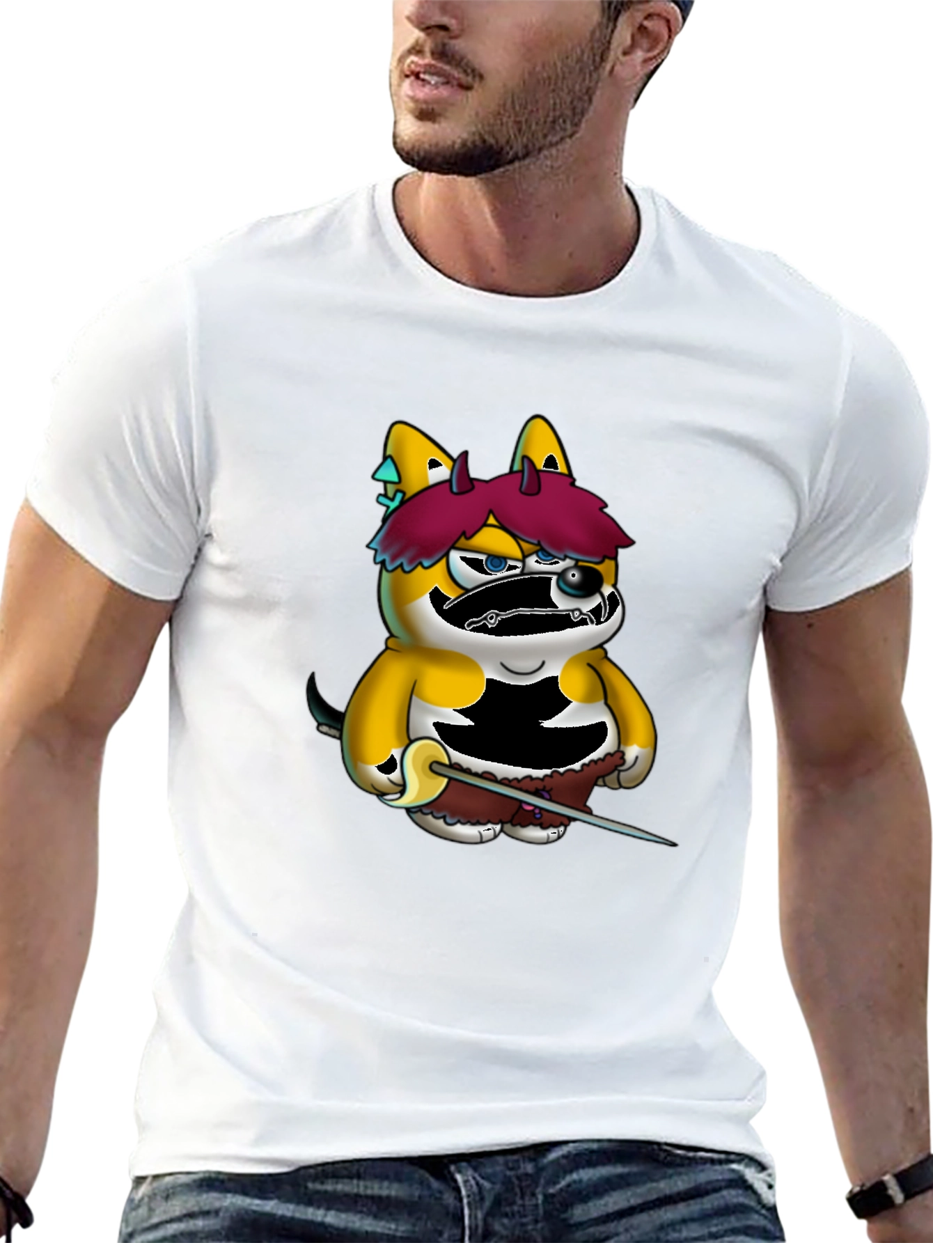 Cartoon Shiba Inu Samurai Black Tee