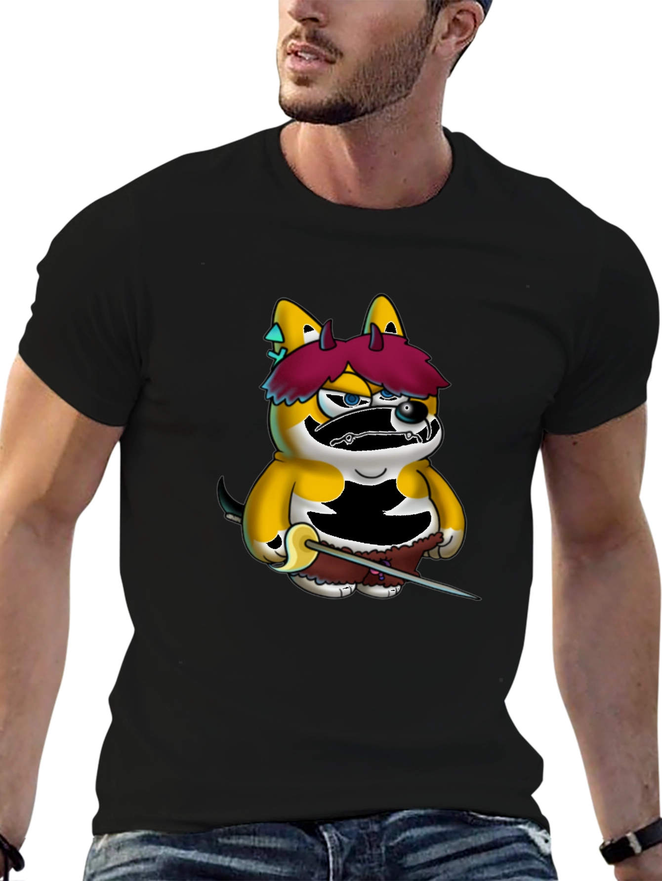 Cartoon Shiba Inu Samurai Black Tee