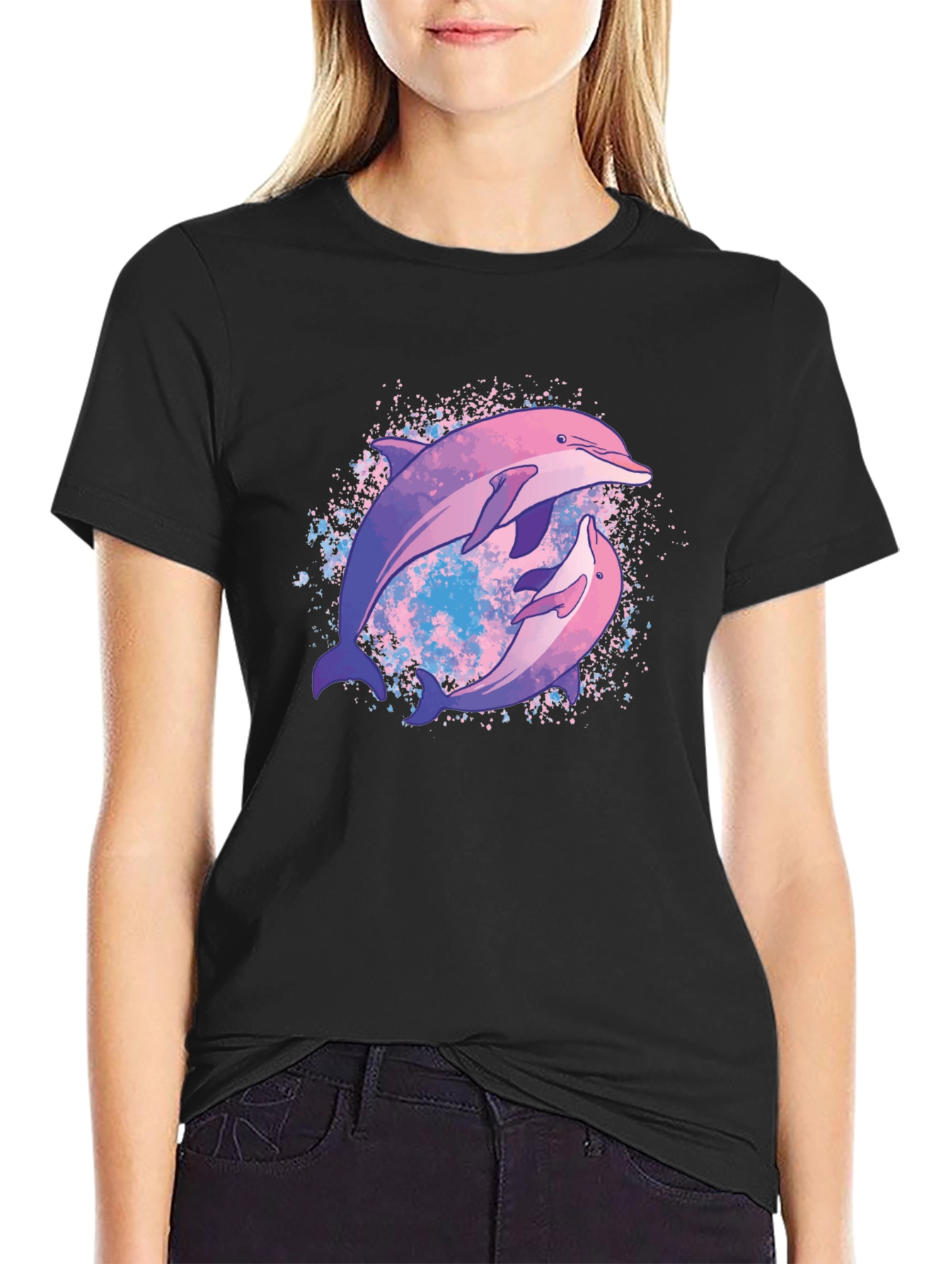 Dolphin Duo Graphic Tee - Black Cotton T-Shirt
