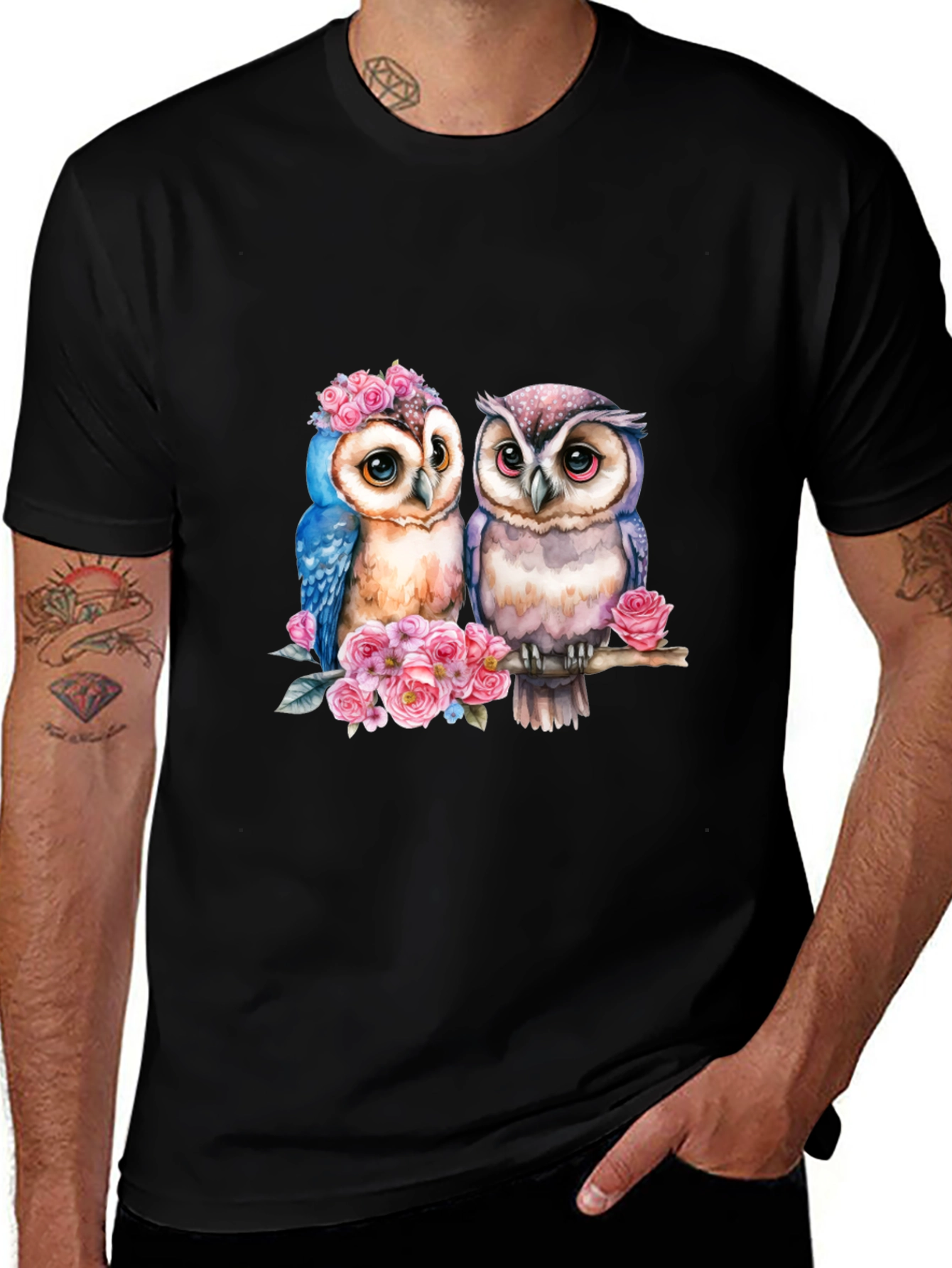 Owl Couple T-Shirt - Floral Design