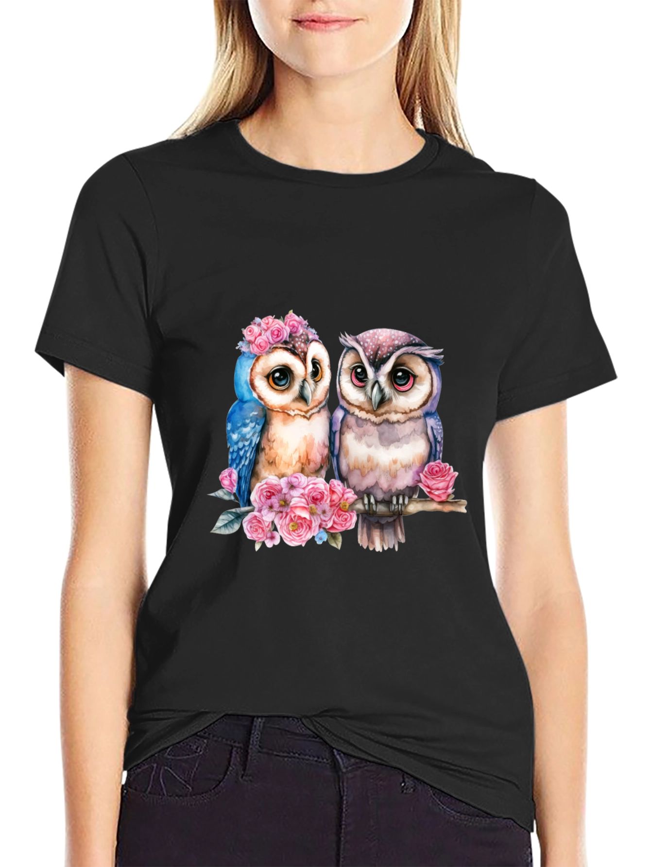 Owl Couple T-Shirt - Floral Design