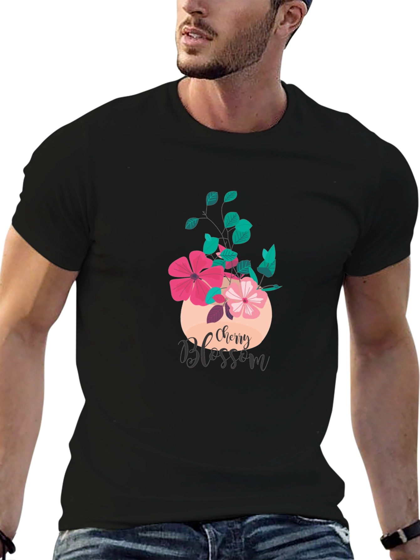 Cherry Blossom Graphic Tee - Stylish Black T-Shirt