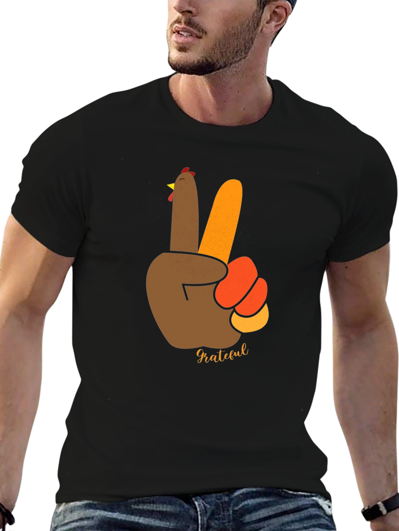 Grateful Thanksgiving Turkey Peace Sign Black T-Shirt