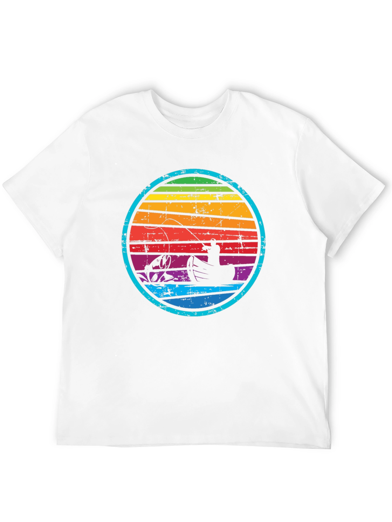 Retro Fishing T-Shirt - Rainbow Sunset Design